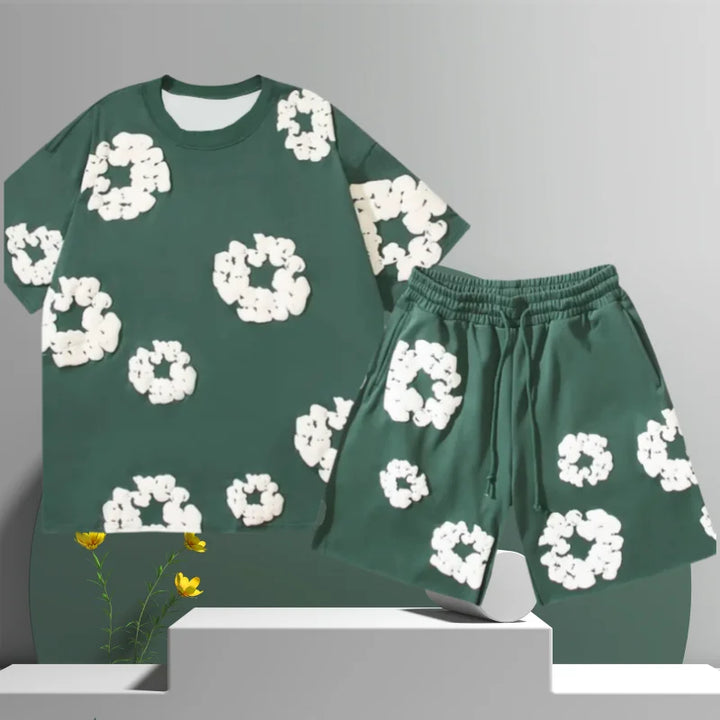 Men's Floral Print Cotton Shirt and Shorts Set - Casual