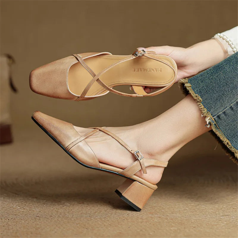 Women's Slingback Heels - Square Toe Criss-Cross Ankle Strap