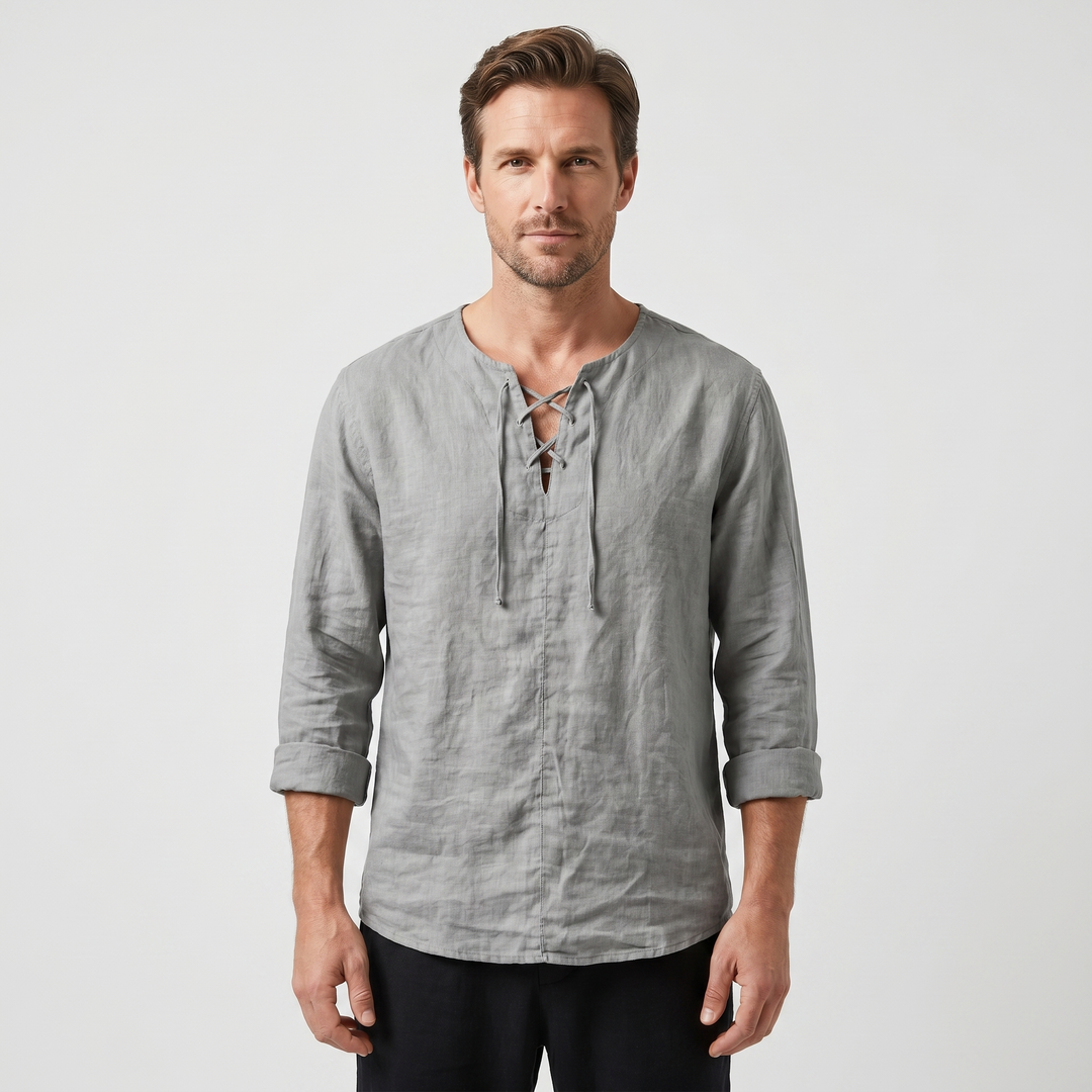 Men's Casual Linen Shirt - Summer Lace-Up Neckline