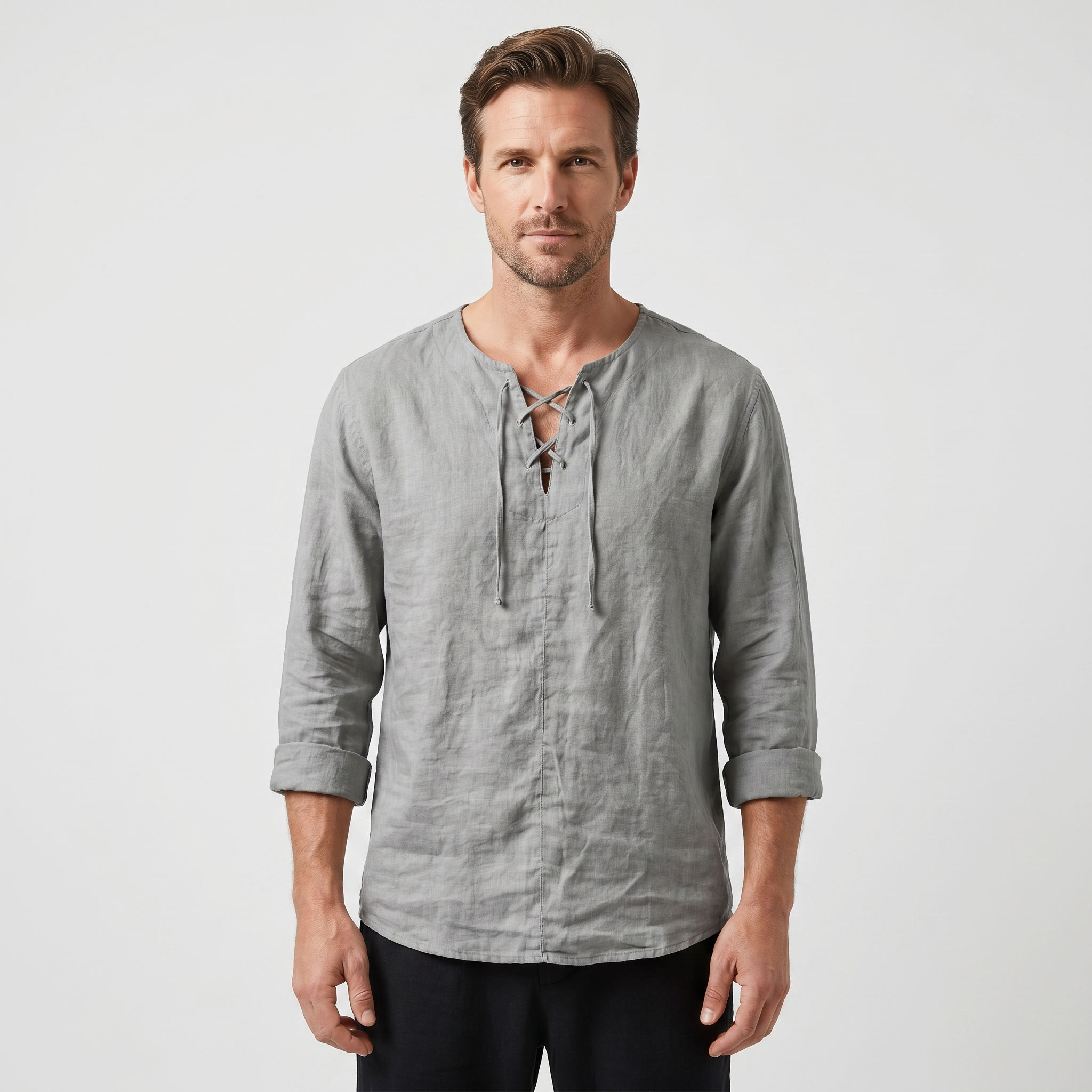 Men's Casual Linen Shirt - Summer Lace-Up Neckline