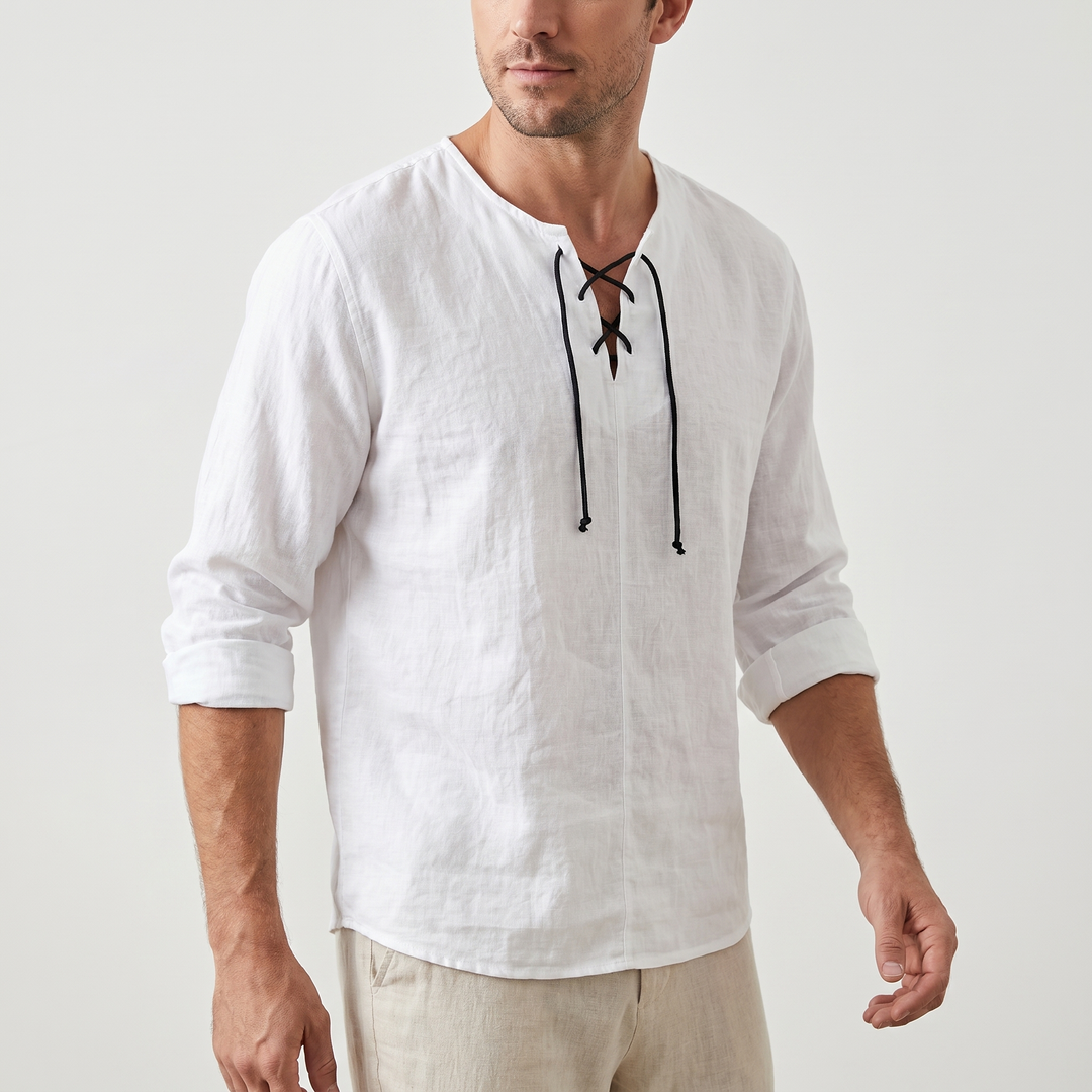 Men's Casual Linen Shirt - Summer Lace-Up Neckline