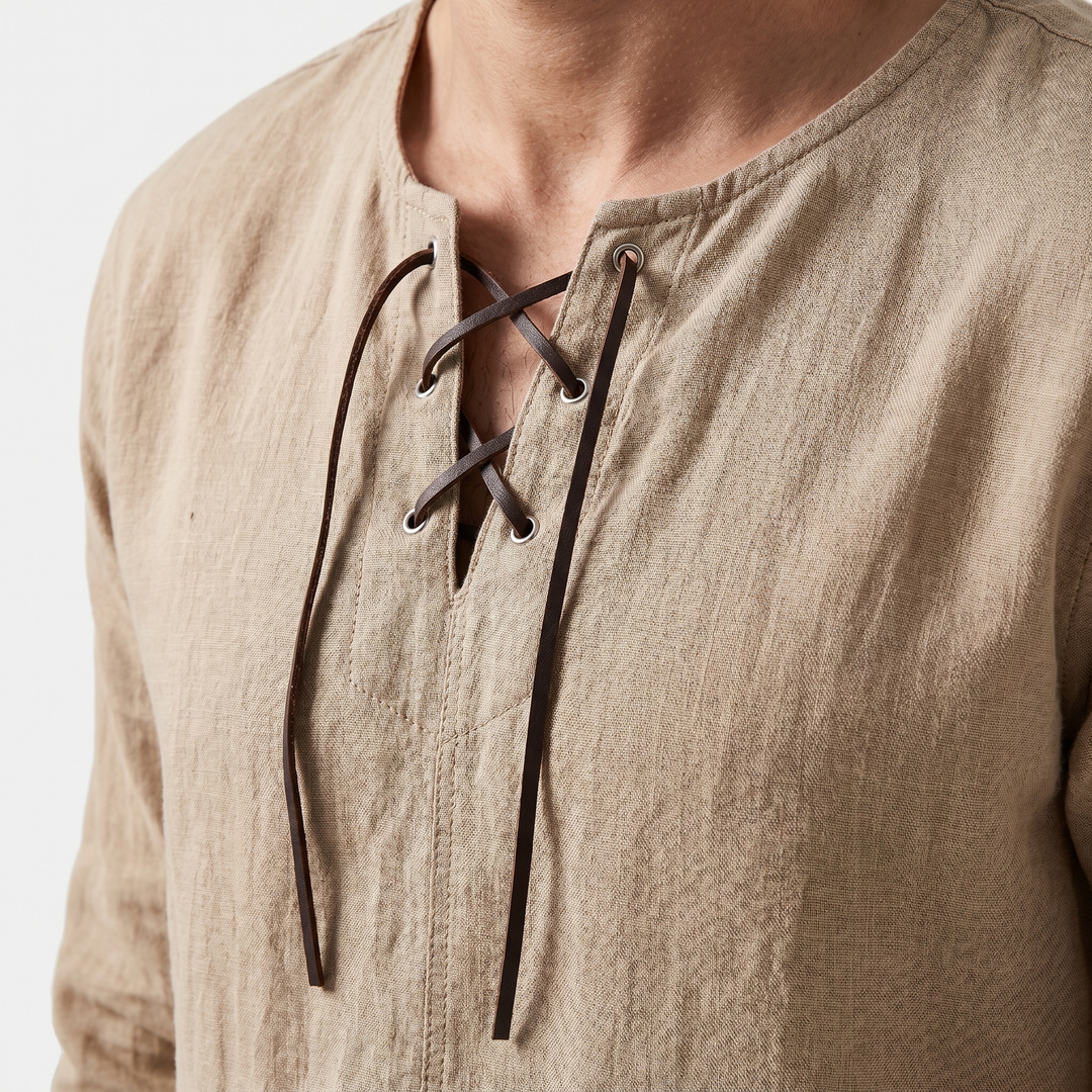 Men's Casual Linen Shirt - Summer Lace-Up Neckline
