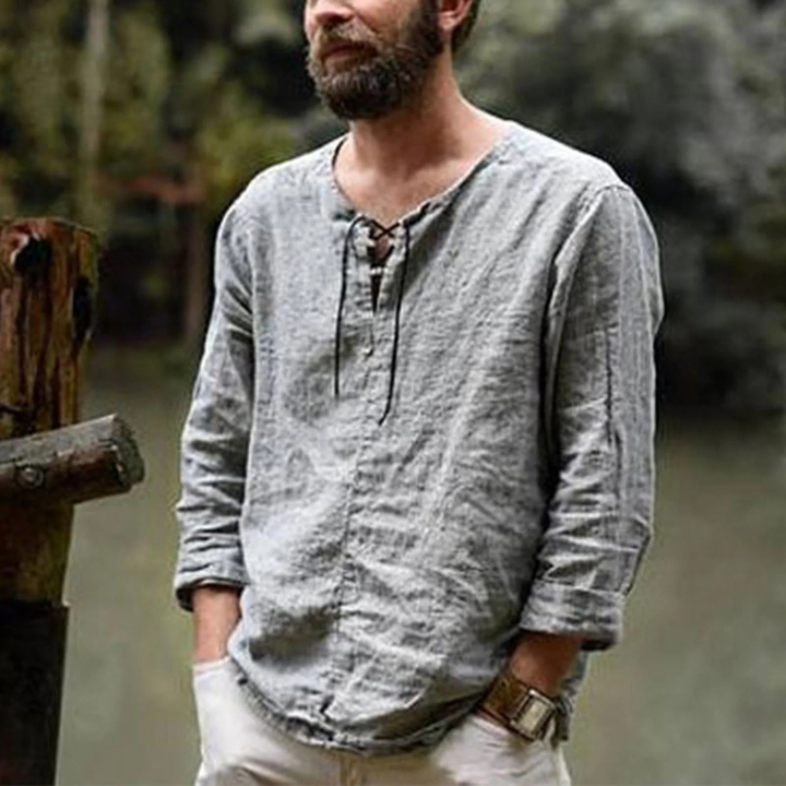 Men's Casual Linen Shirt - Summer Lace-Up Neckline