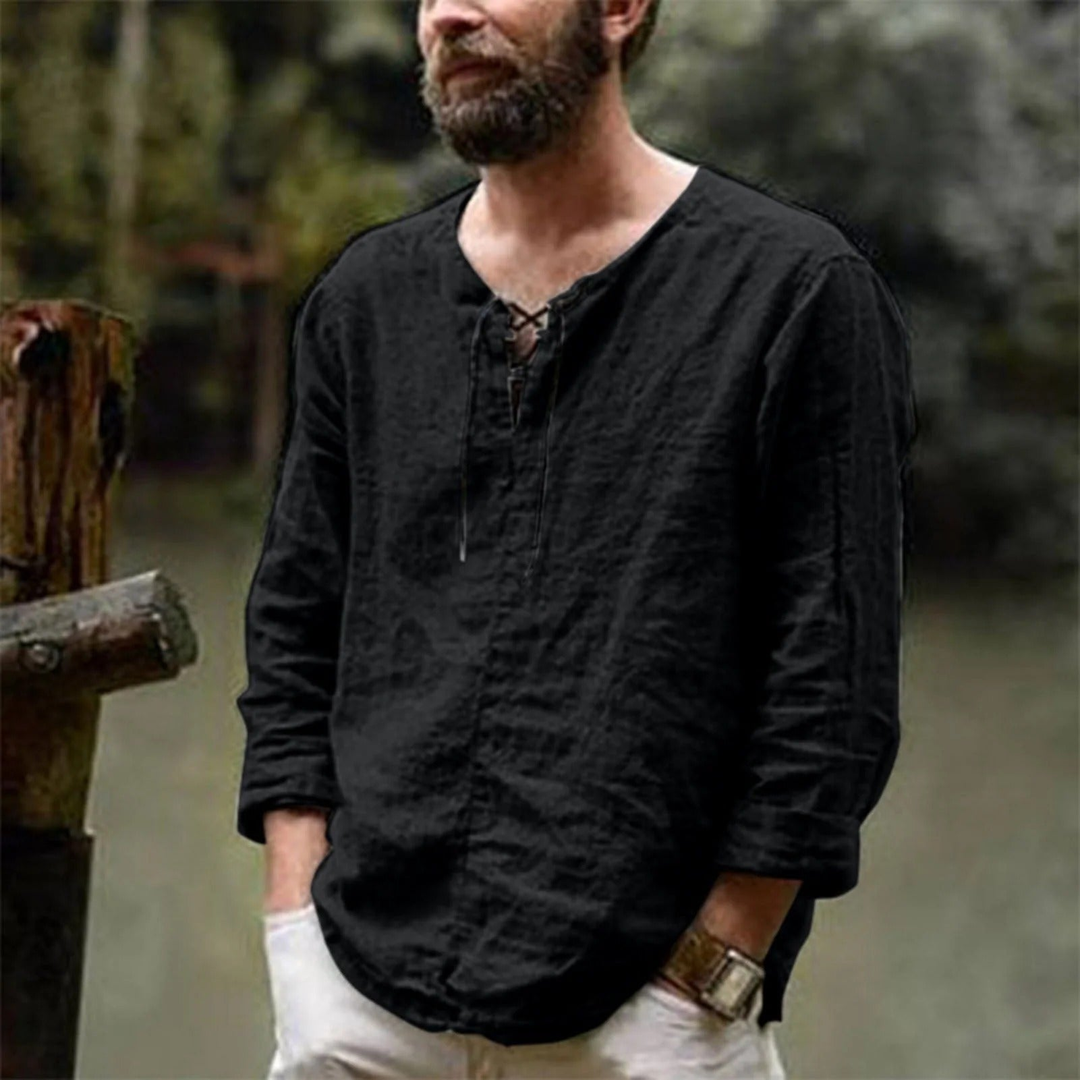 Men's Casual Linen Shirt - Summer Lace-Up Neckline