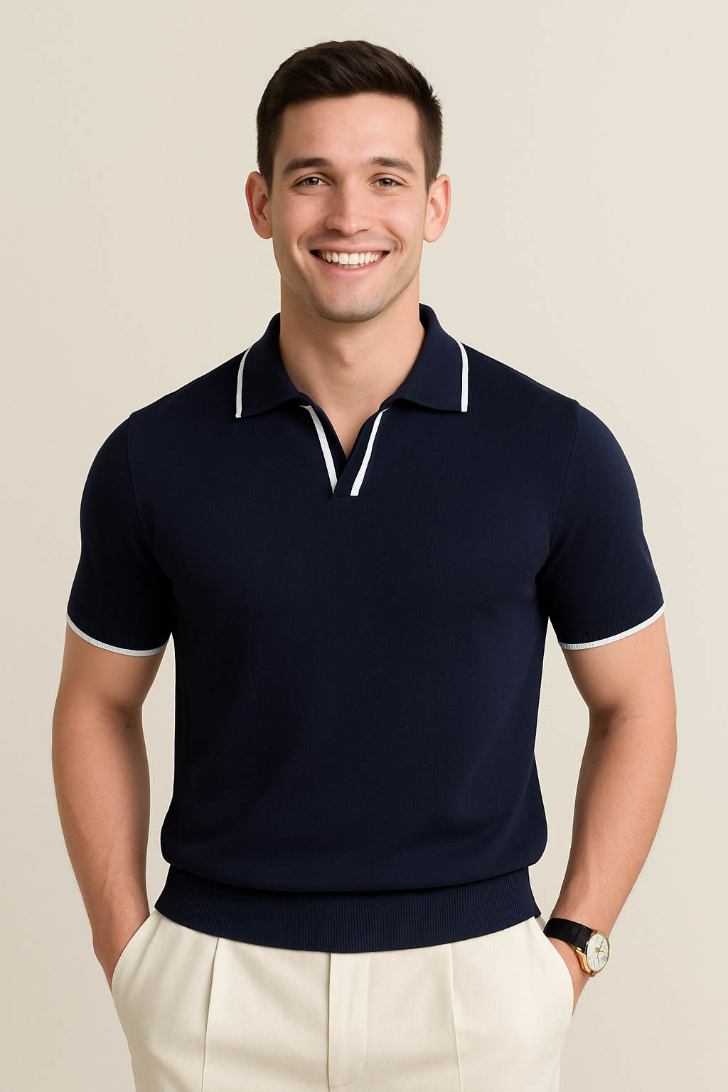 Men's Textured Knit Polo Top - Casual Summer