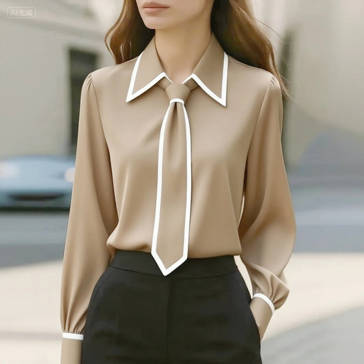 Susanne | Women's Tie Neck Contrast Collar Blouse, Casual