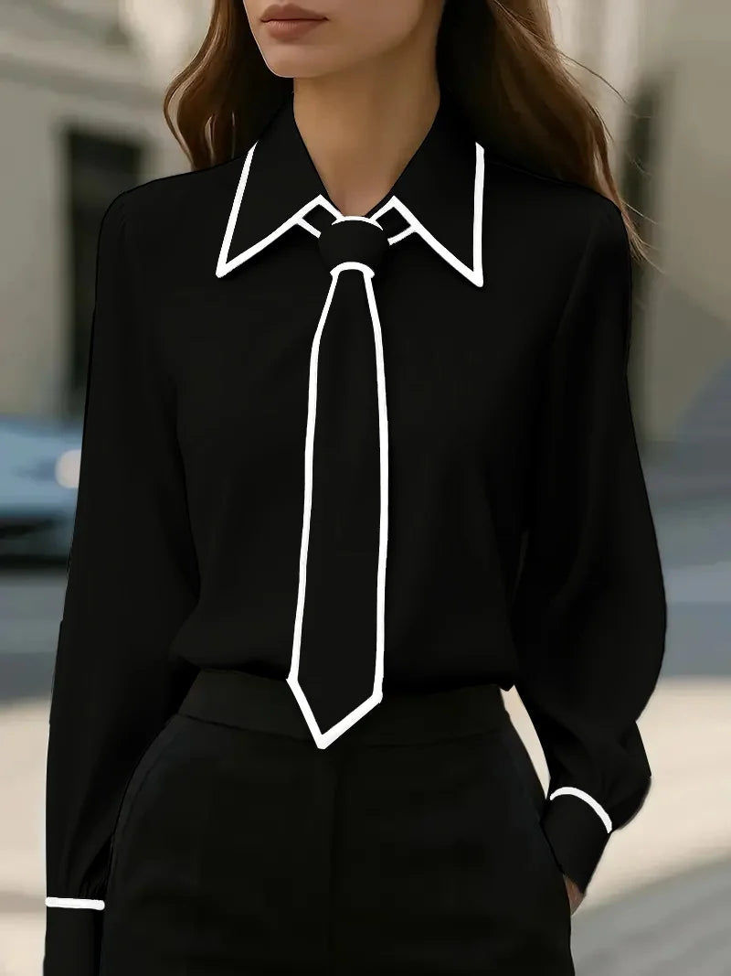 Susanne | Women's Tie Neck Contrast Collar Blouse, Casual