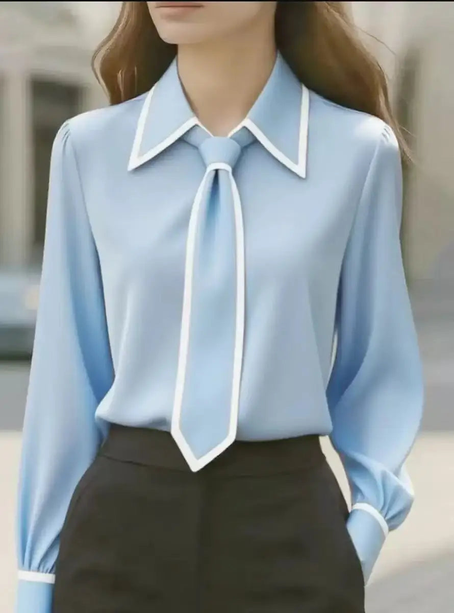 Susanne | Women's Tie Neck Contrast Collar Blouse, Casual