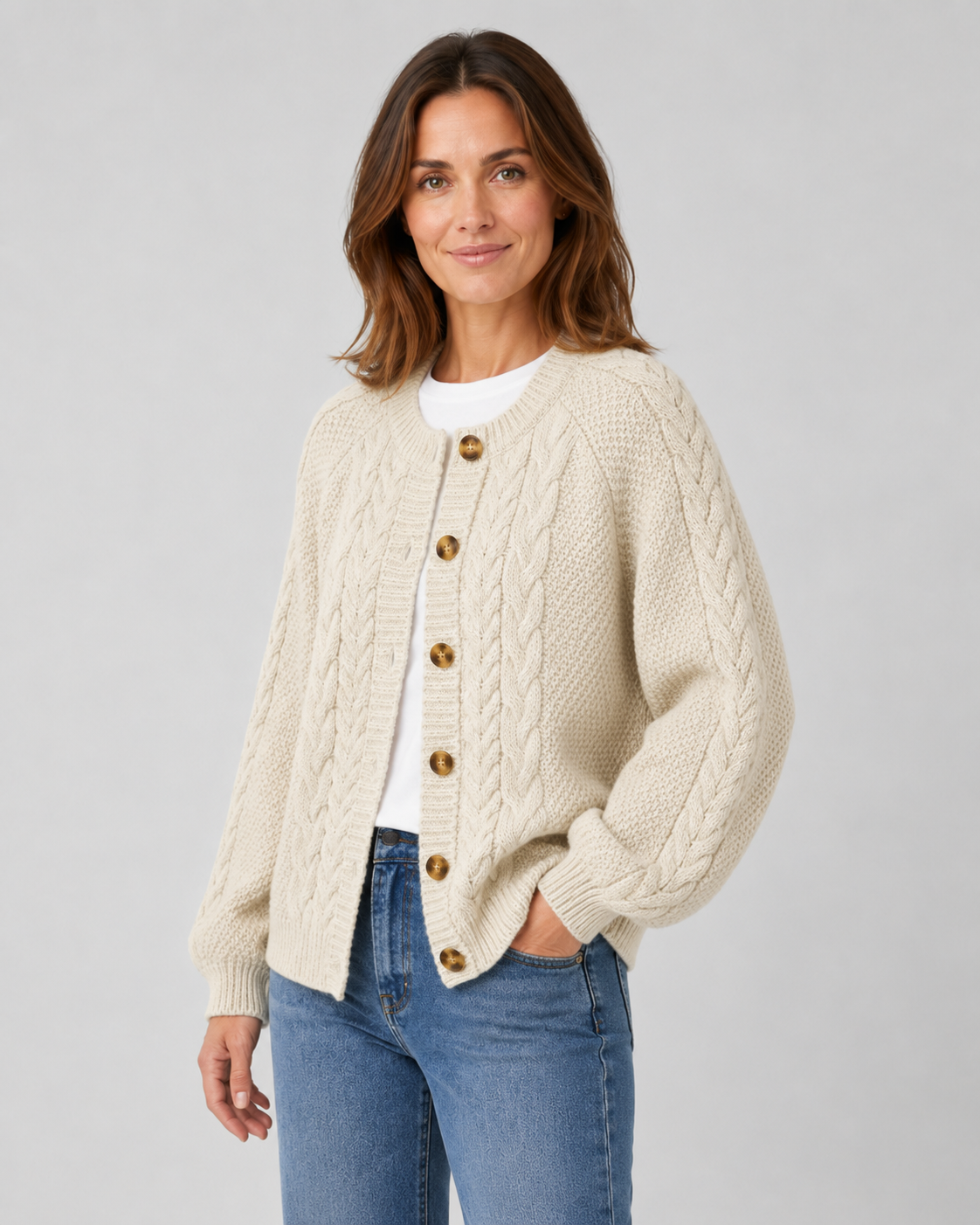 Women's Relaxed Fit Cable Knit Cardigan with Button Front