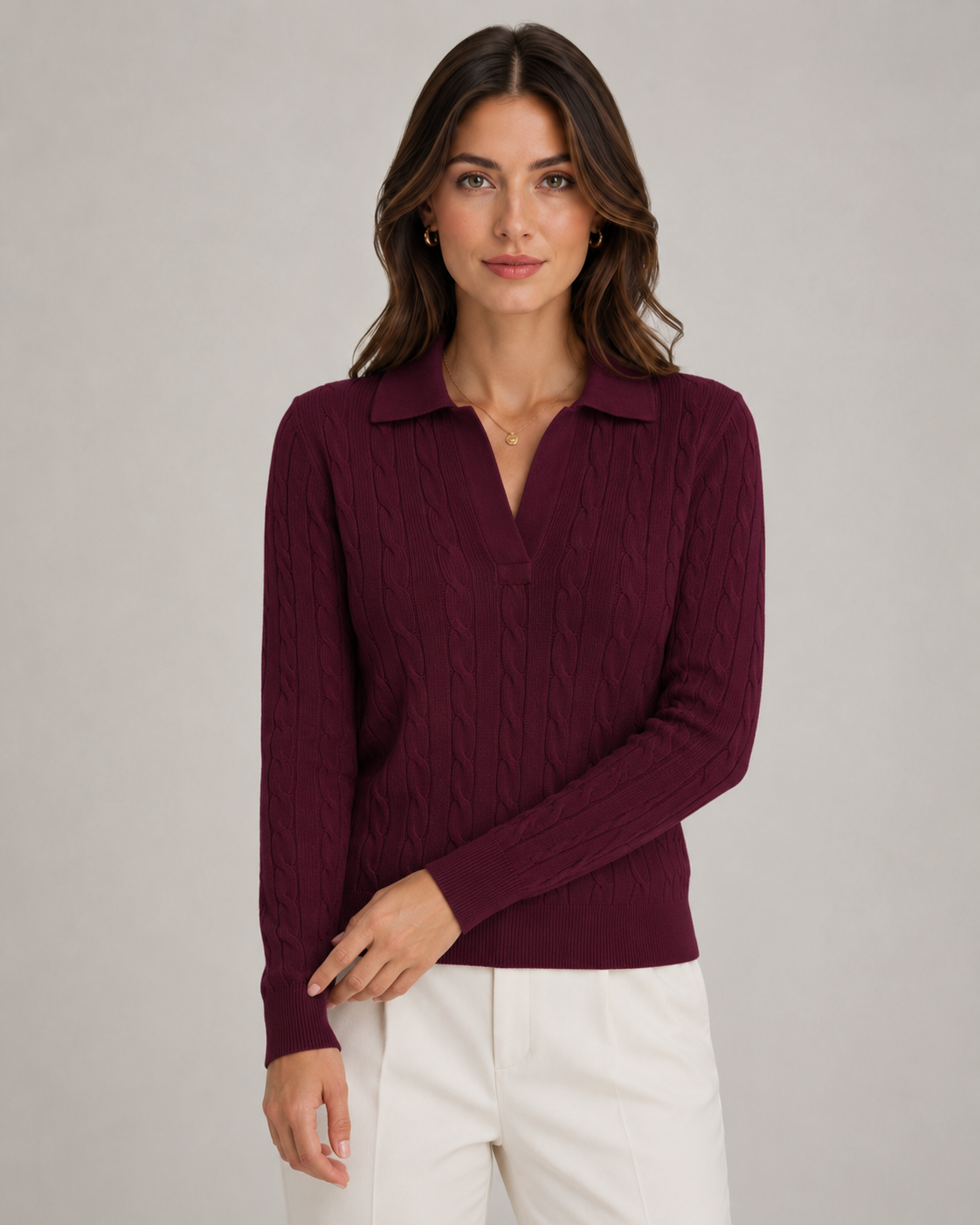 Women's Cable Knit Polo Sweater with Collar