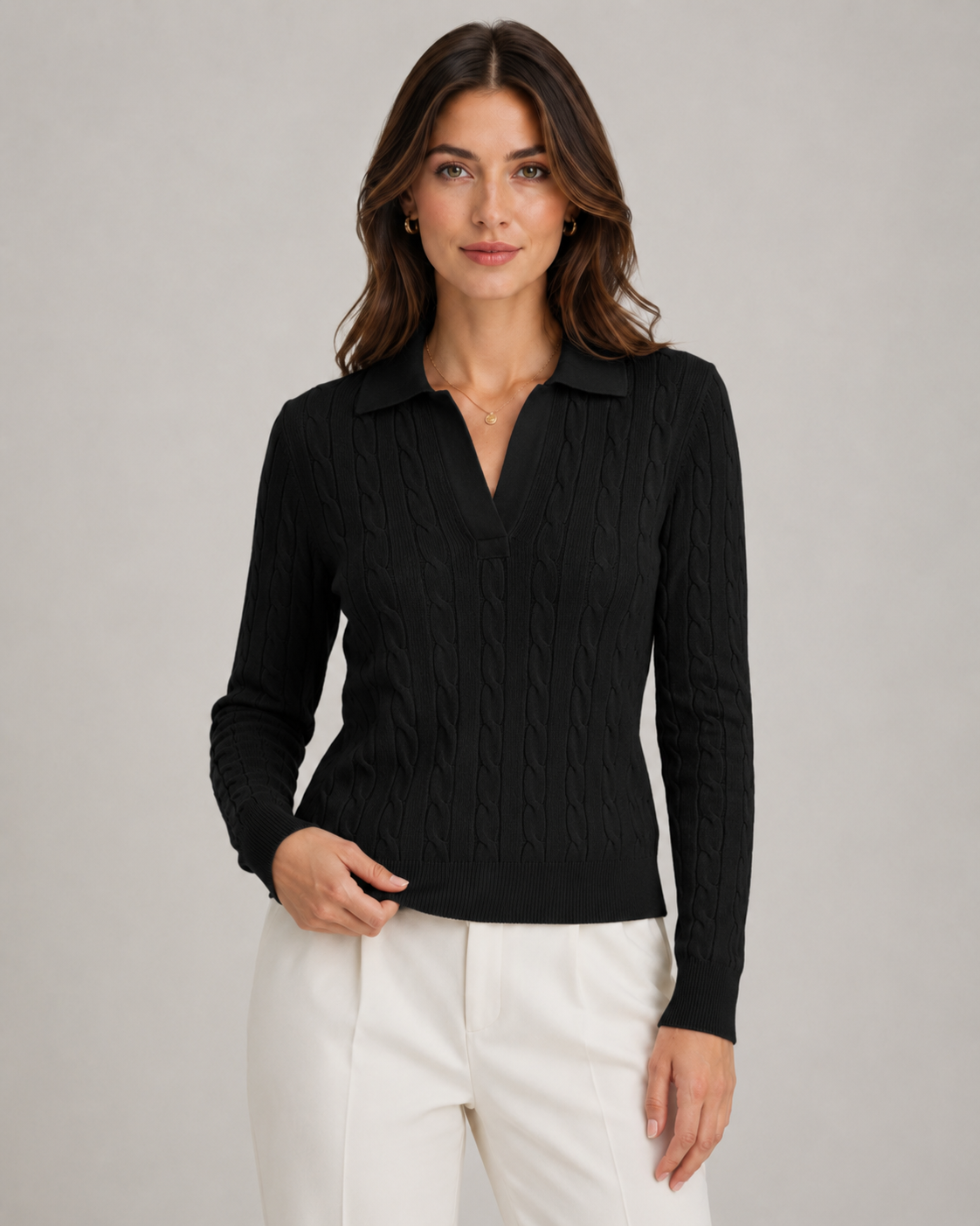 Women's Cable Knit Polo Sweater with Collar