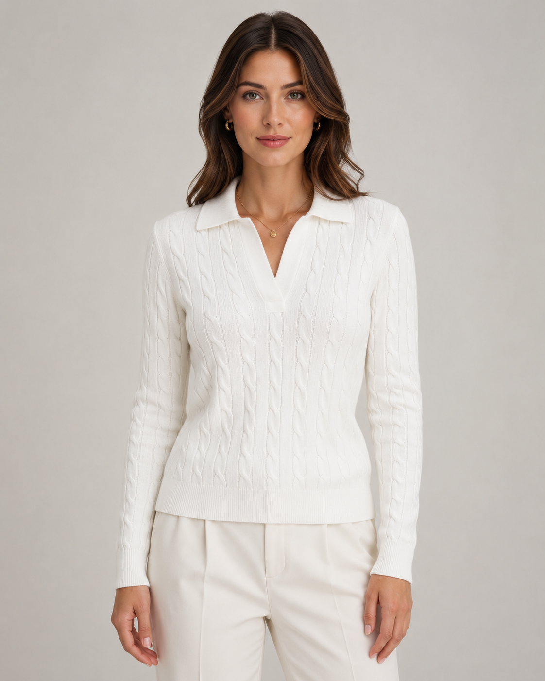 Women's Cable Knit Polo Sweater with Collar