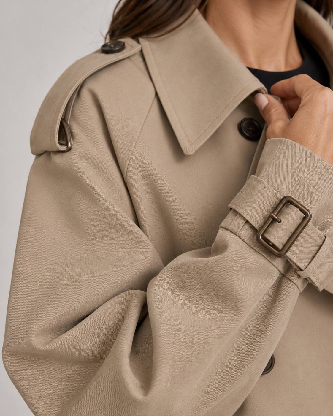 Women's Cropped Double Breasted Trench Coat with Buckle Cuffs