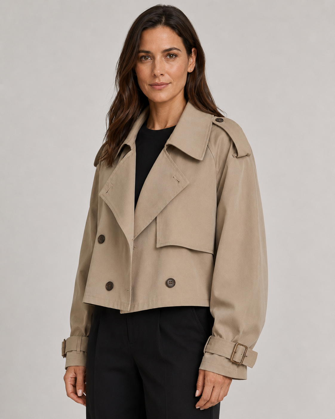 Women's Cropped Double Breasted Trench Coat with Buckle Cuffs