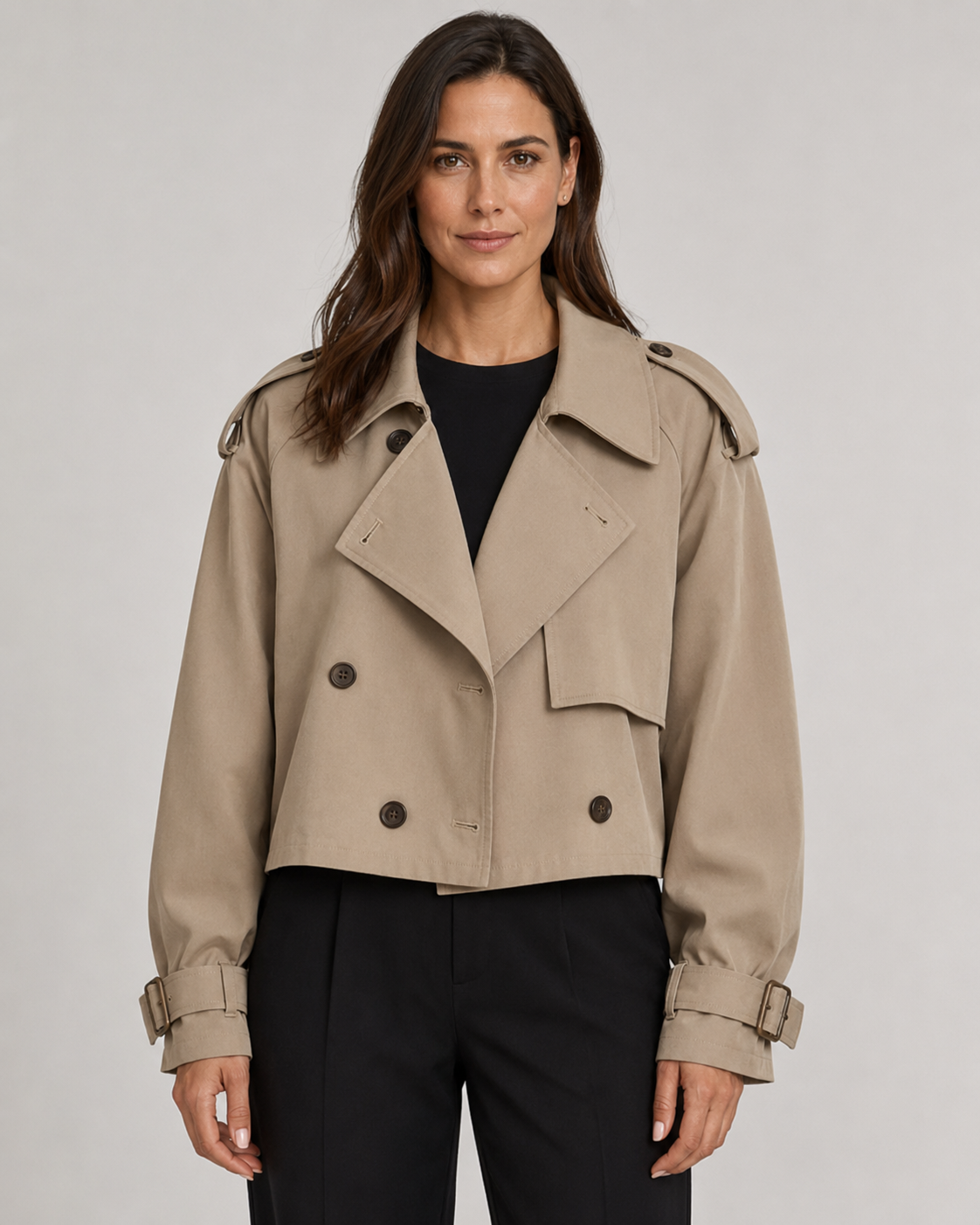 Women's Cropped Double Breasted Trench Coat with Buckle Cuffs
