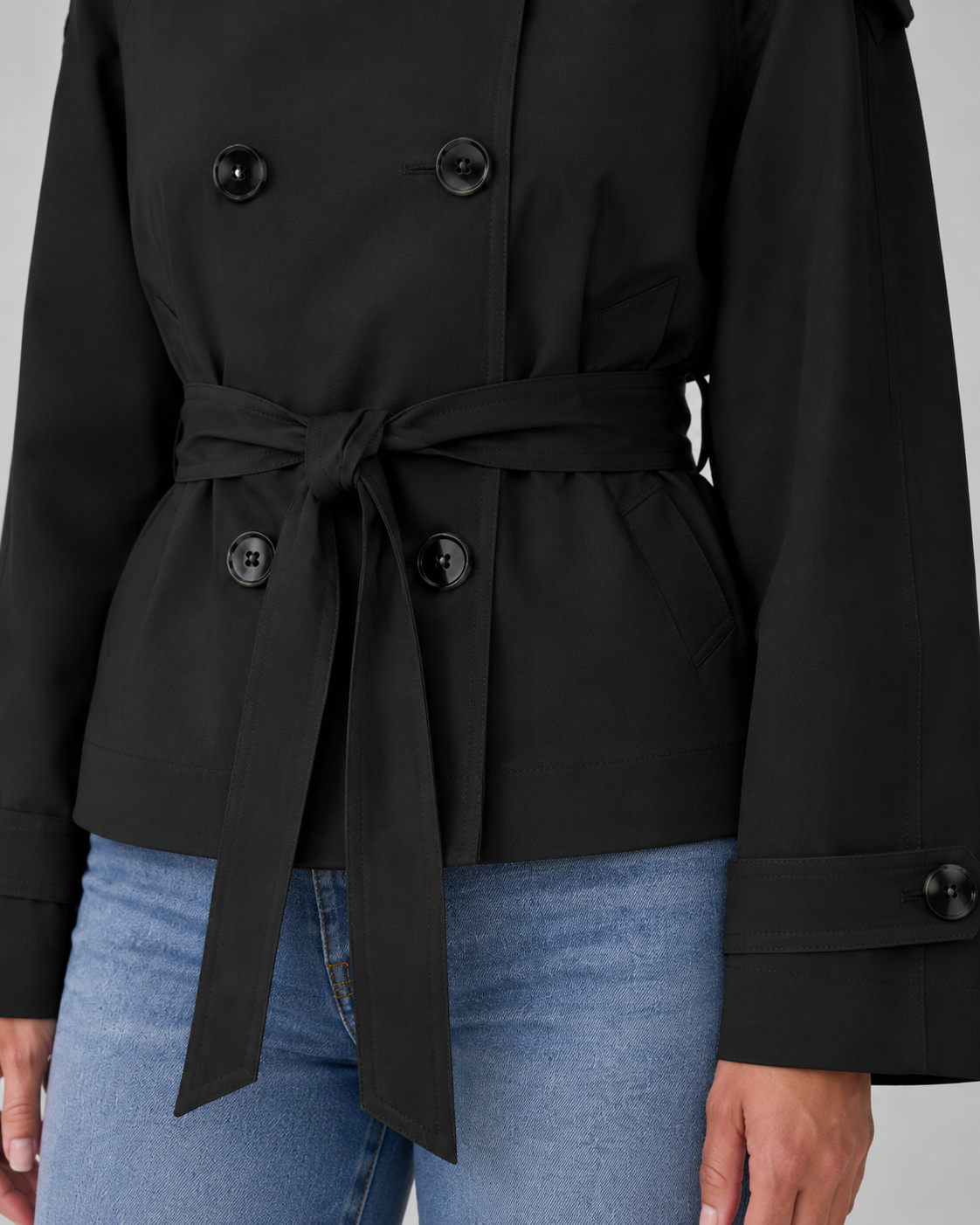 Women's Cropped Trench Coat with Funnel Neck and Tie Waist