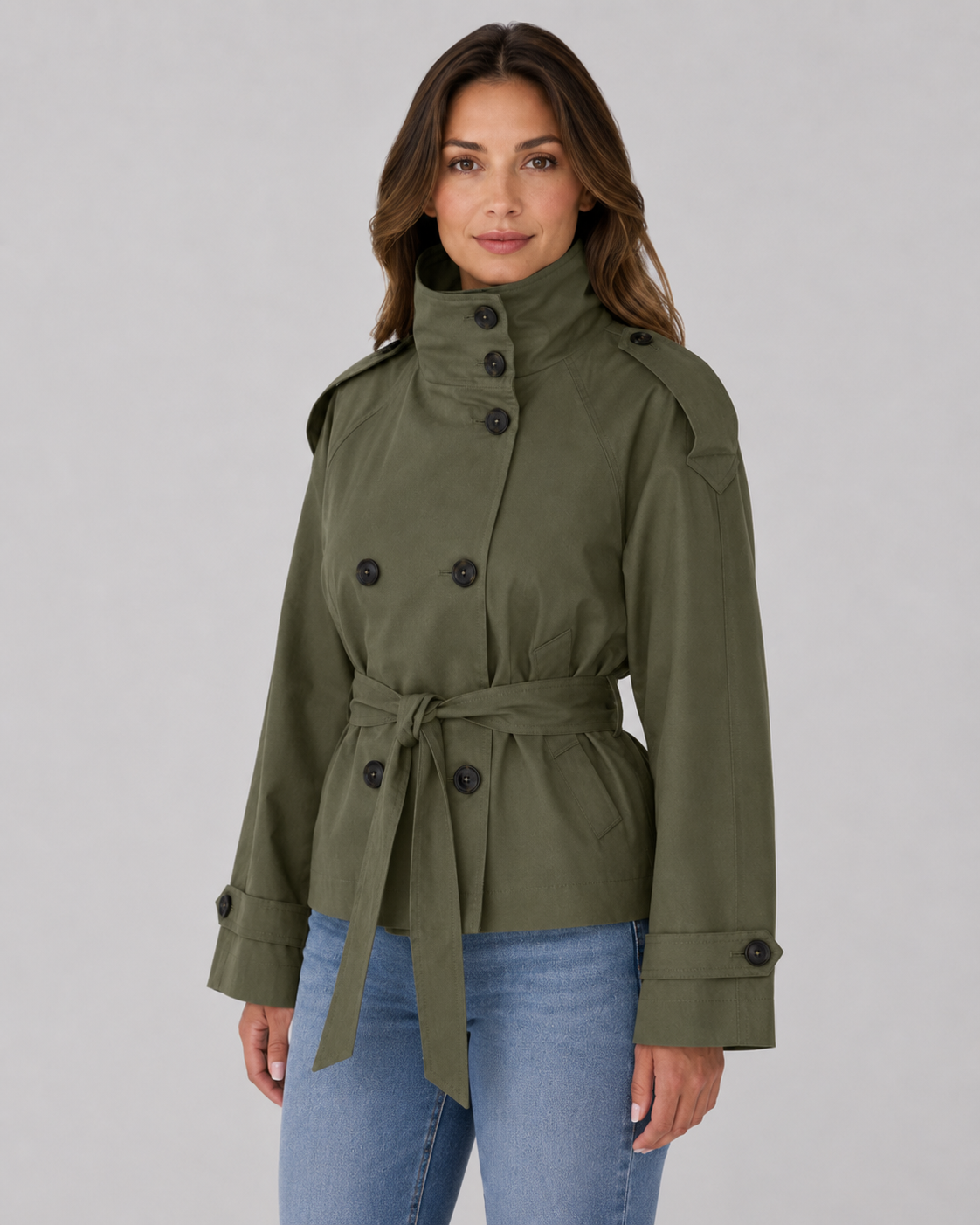 Women's Cropped Trench Coat with Funnel Neck and Tie Waist