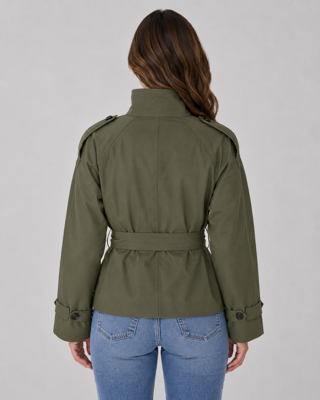 Women's Cropped Trench Coat with Funnel Neck and Tie Waist