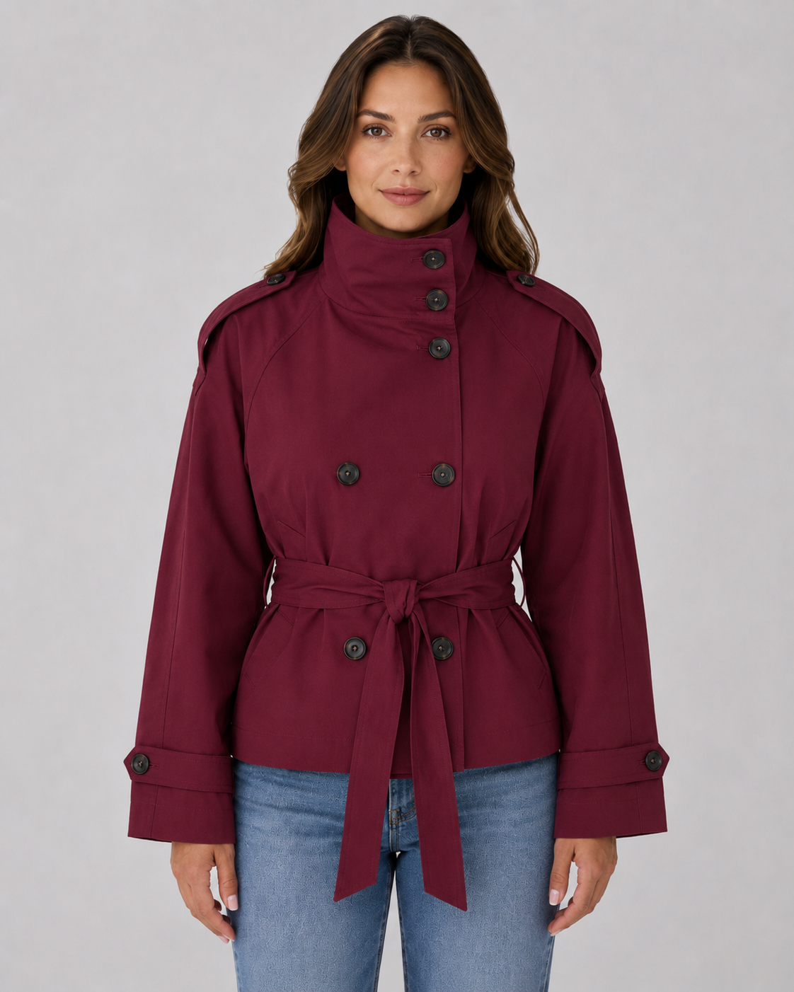 Women's Cropped Trench Coat with Funnel Neck and Tie Waist