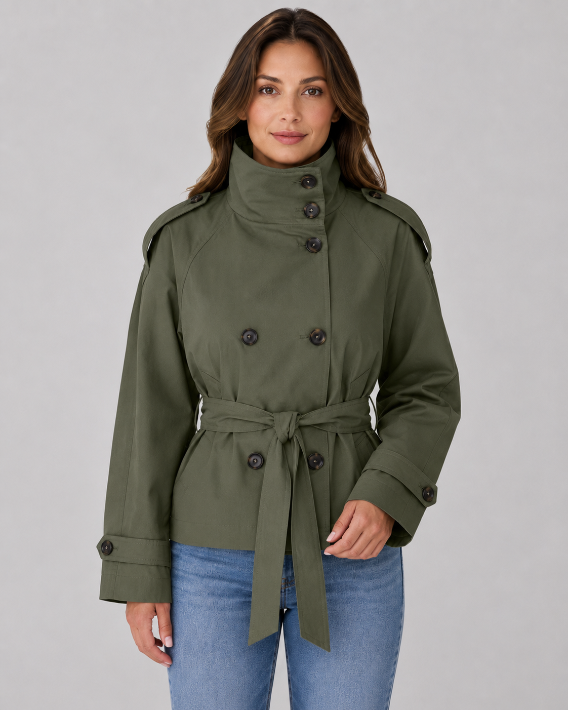 Women's Cropped Trench Coat with Funnel Neck and Tie Waist