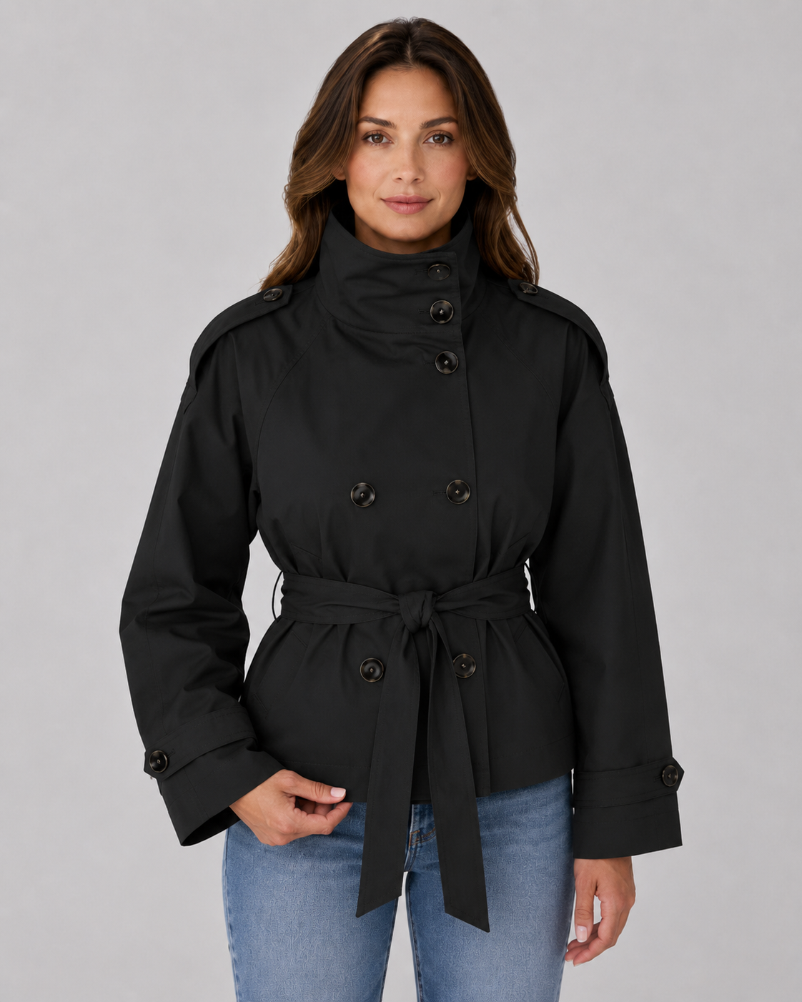 Women's Cropped Trench Coat with Funnel Neck and Tie Waist