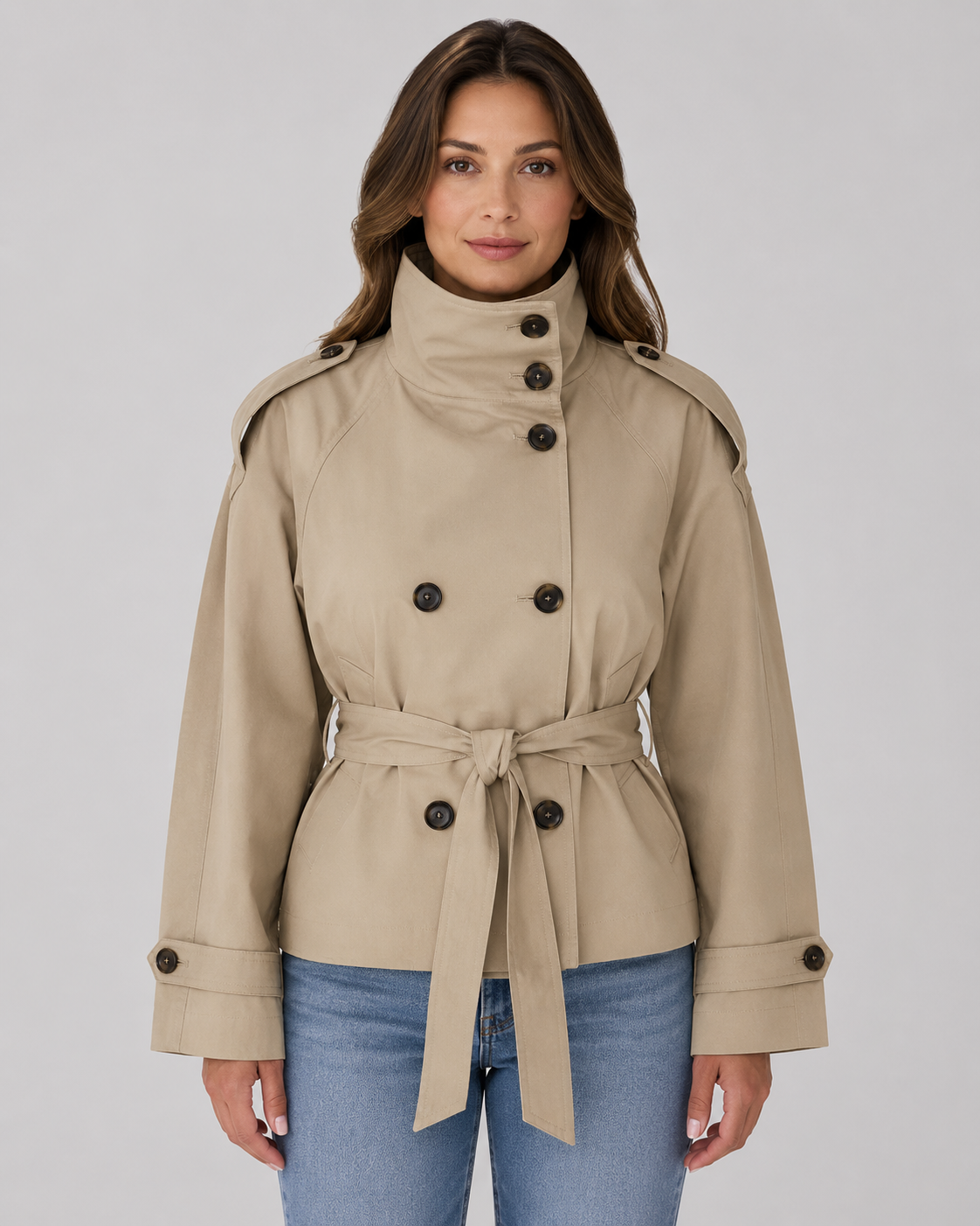 Women's Cropped Trench Coat with Funnel Neck and Tie Waist