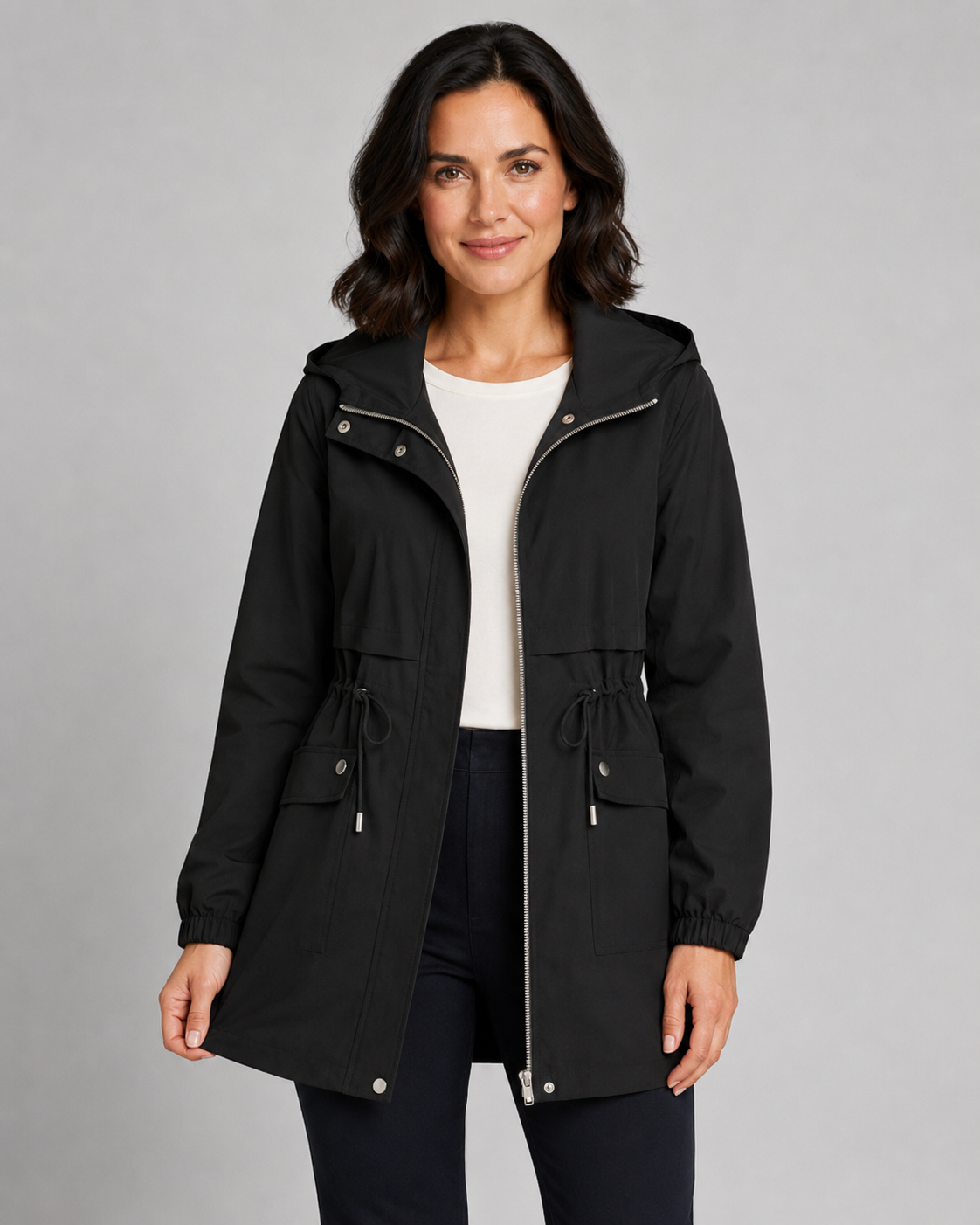 Women's Hooded Trench Coat with Drawstring Waist and Zip