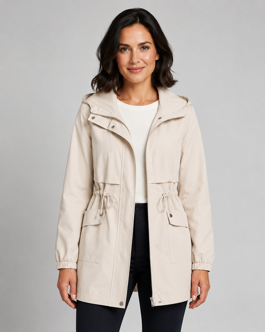 Women's Hooded Trench Coat with Drawstring Waist and Zip