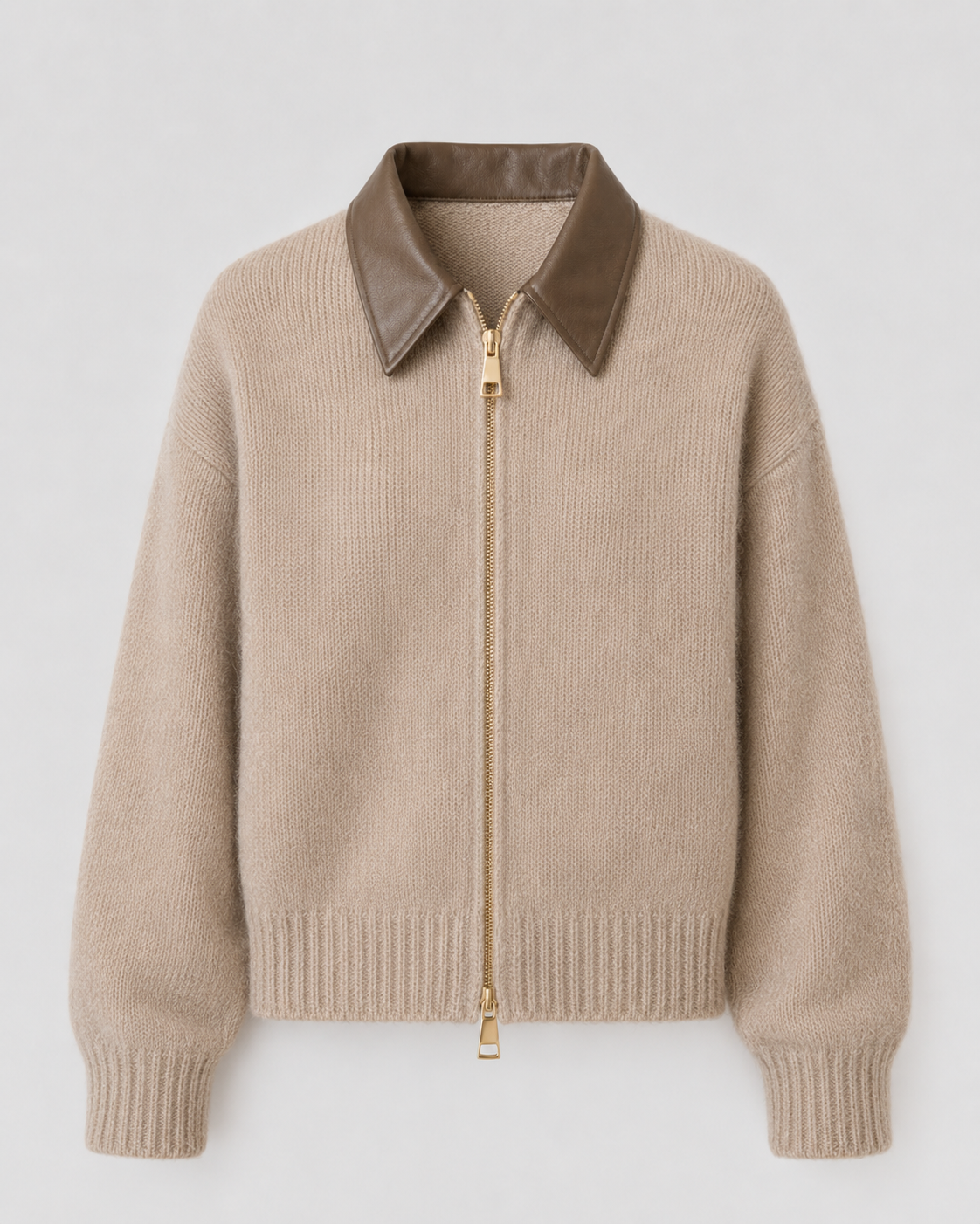 Women's Knit Cardigan with Leather Collar and Zip Closure