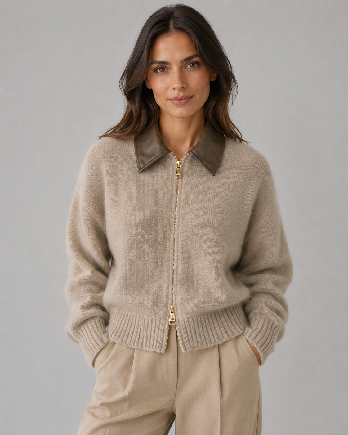 Women's Knit Cardigan with Leather Collar and Zip Closure
