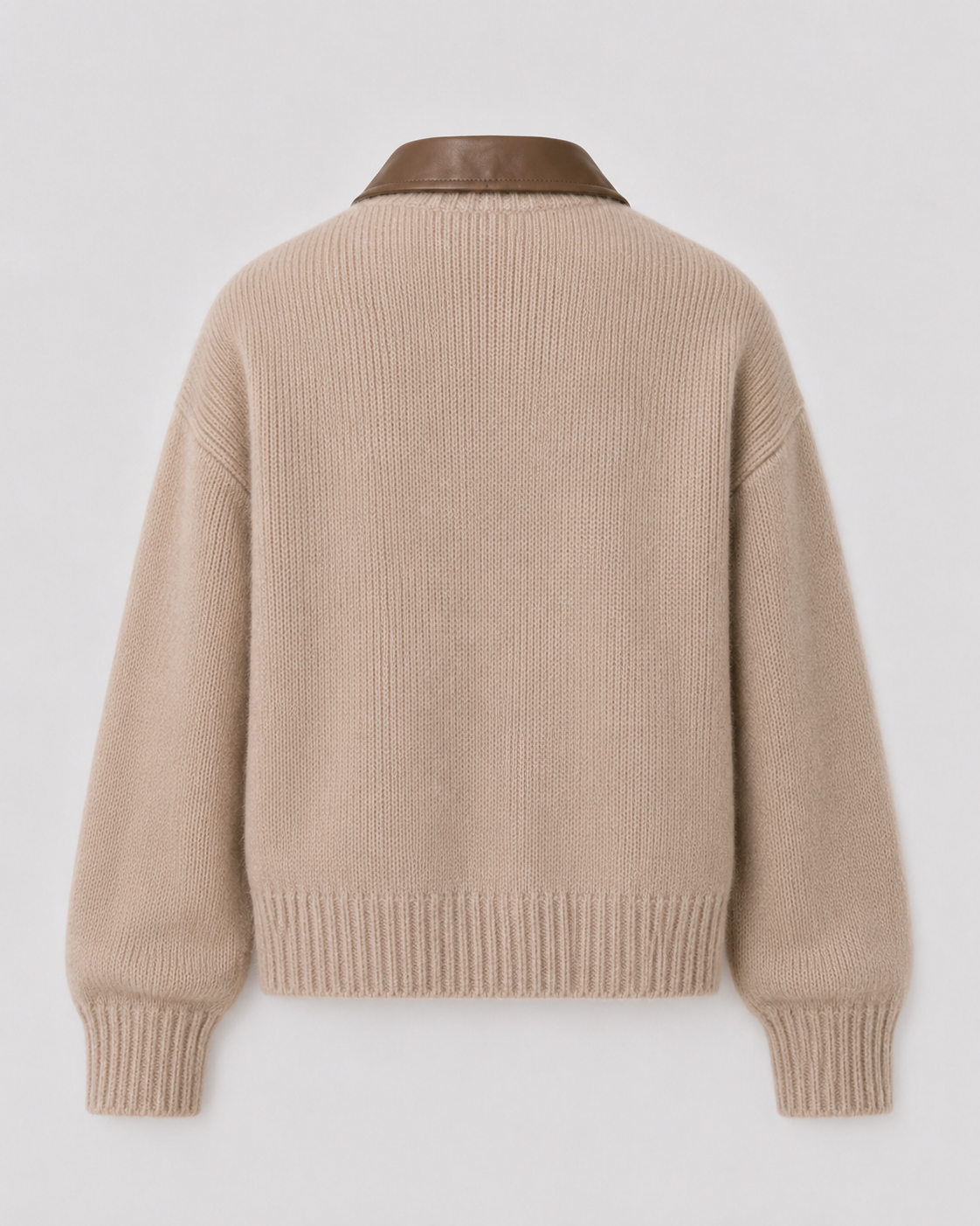 Women's Knit Cardigan with Leather Collar and Zip Closure