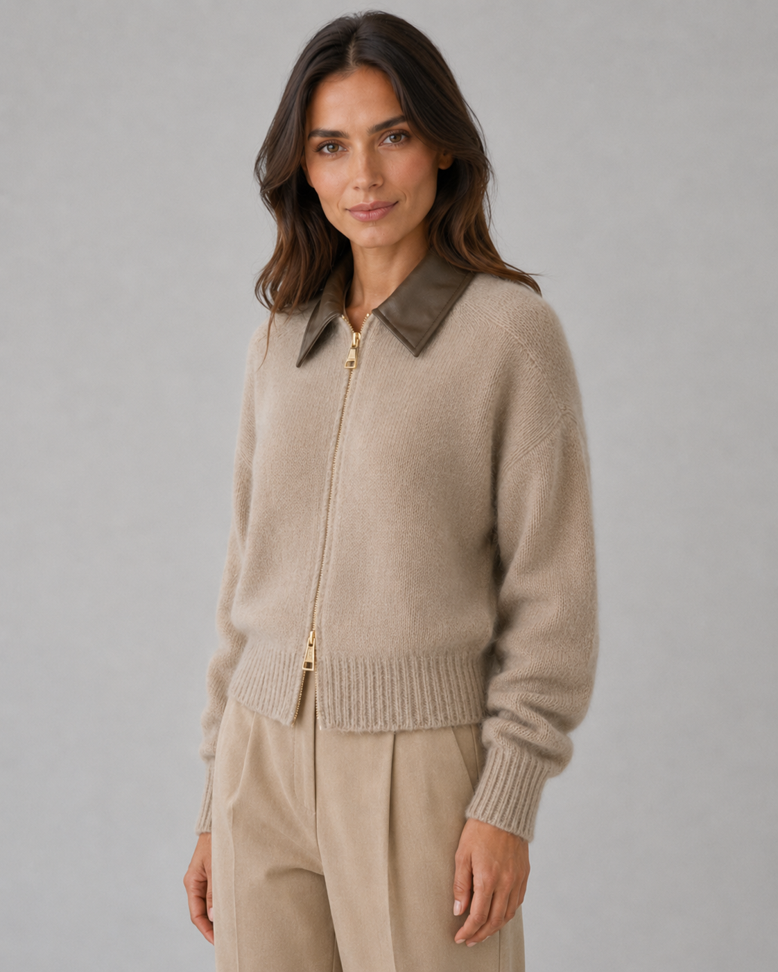 Women's Knit Cardigan with Leather Collar and Zip Closure