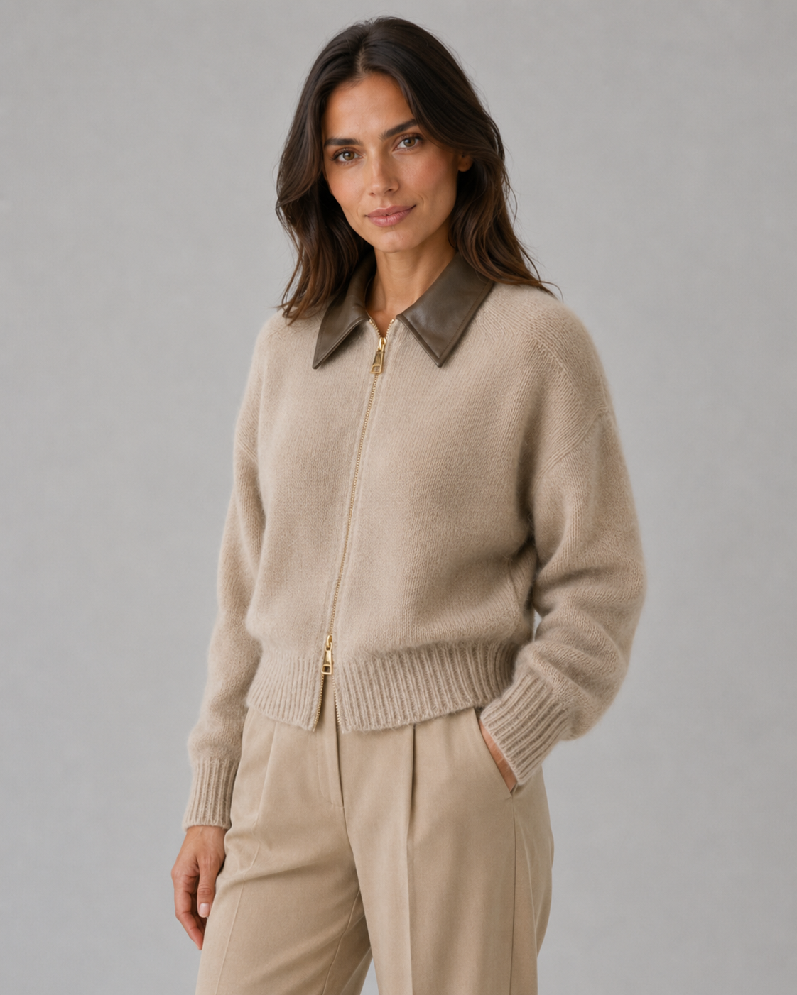 Women's Knit Cardigan with Leather Collar and Zip Closure