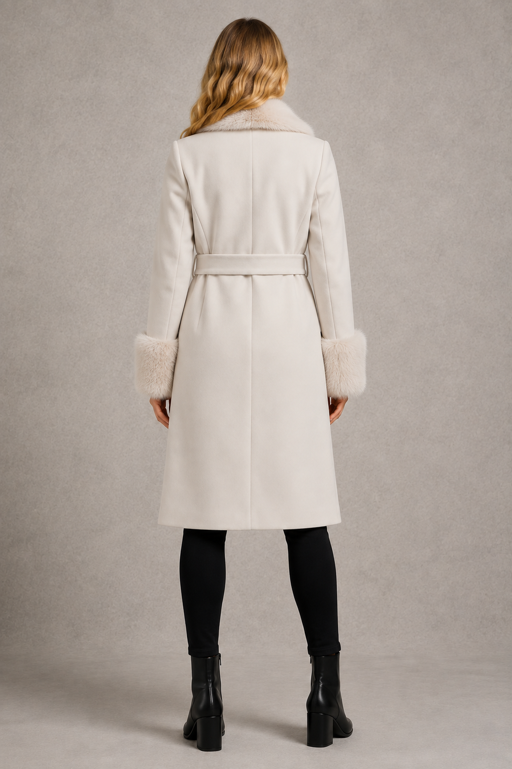 Women's Winter Coat with Fur Trim and Belt
