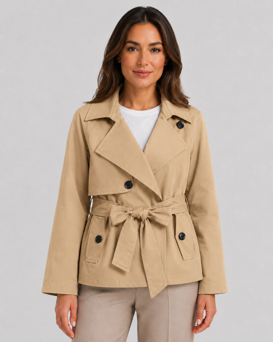 Women's Double-Breasted Cropped Trench Coat with Tie Waist