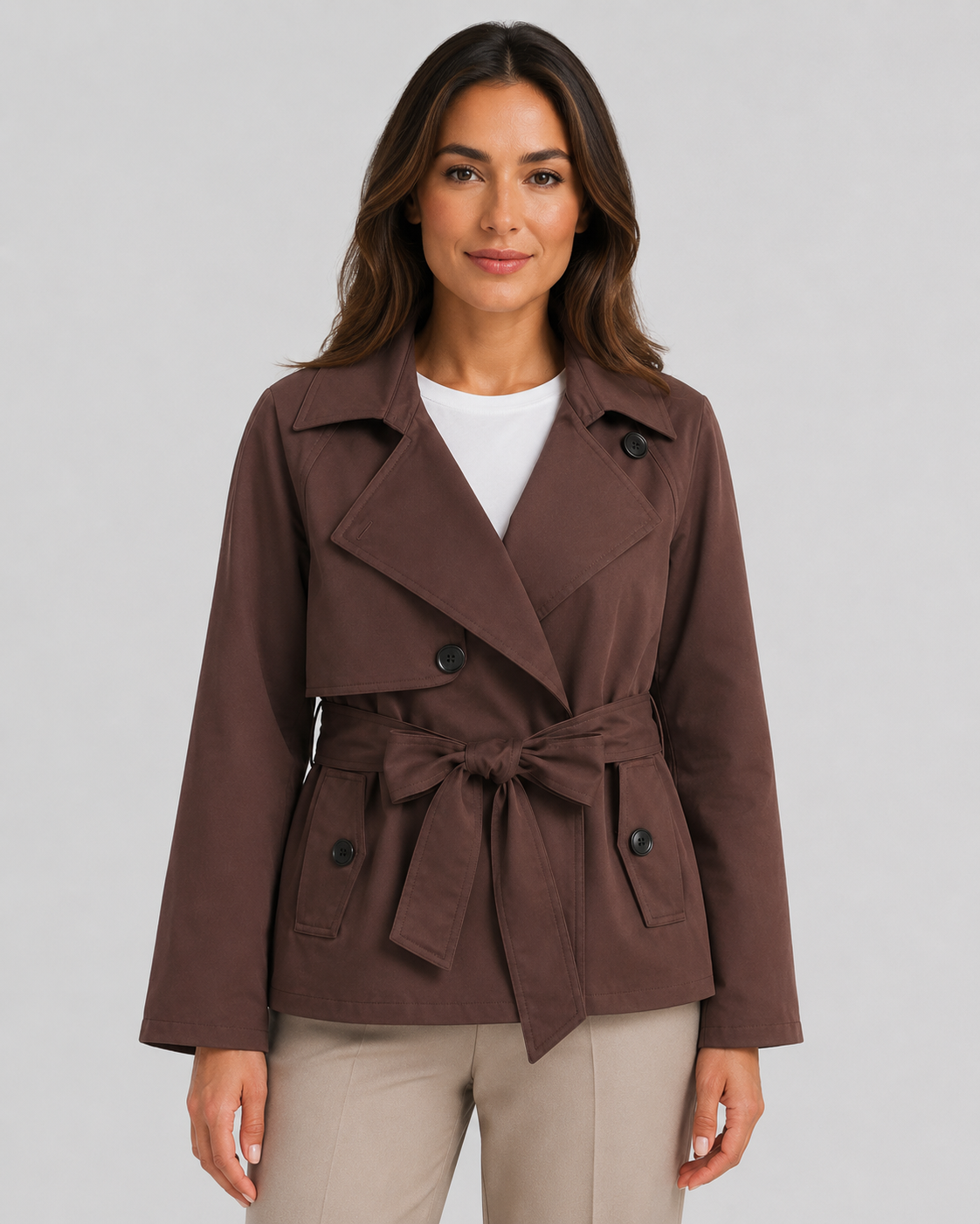 Women's Double-Breasted Cropped Trench Coat with Tie Waist