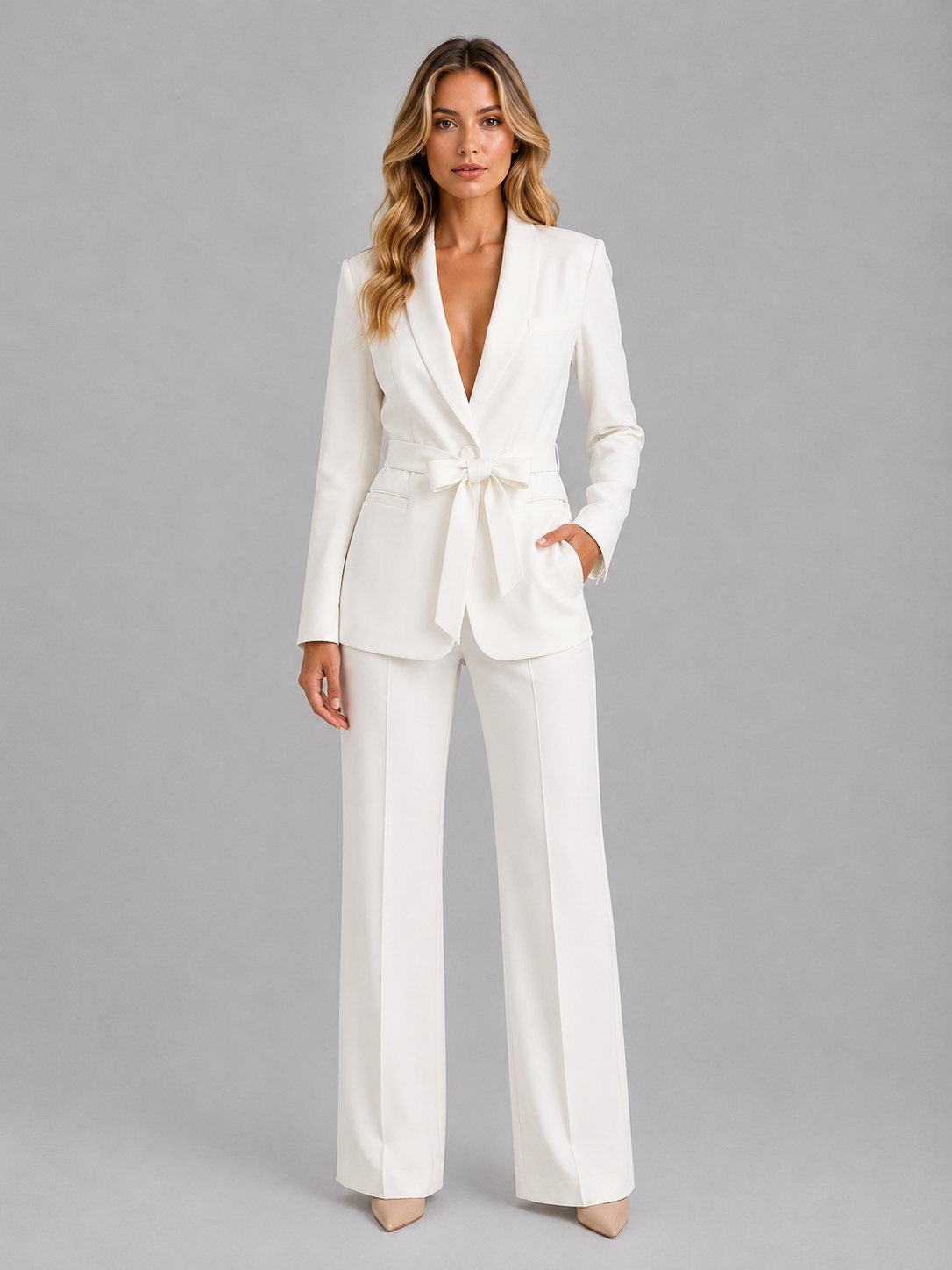 Women's Business Casual Blazer & Wide Leg Pant Suit Set