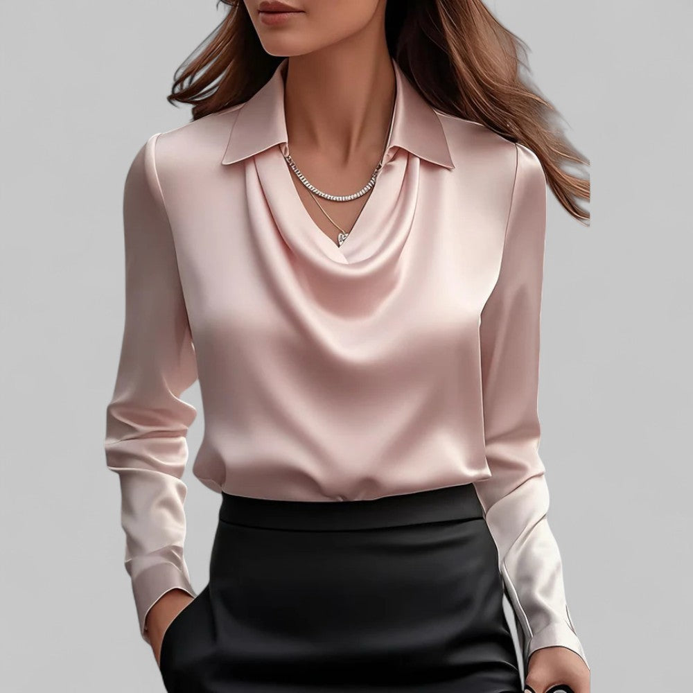 Emily | Women's Satin Draped Neck Long Sleeve Blouse
