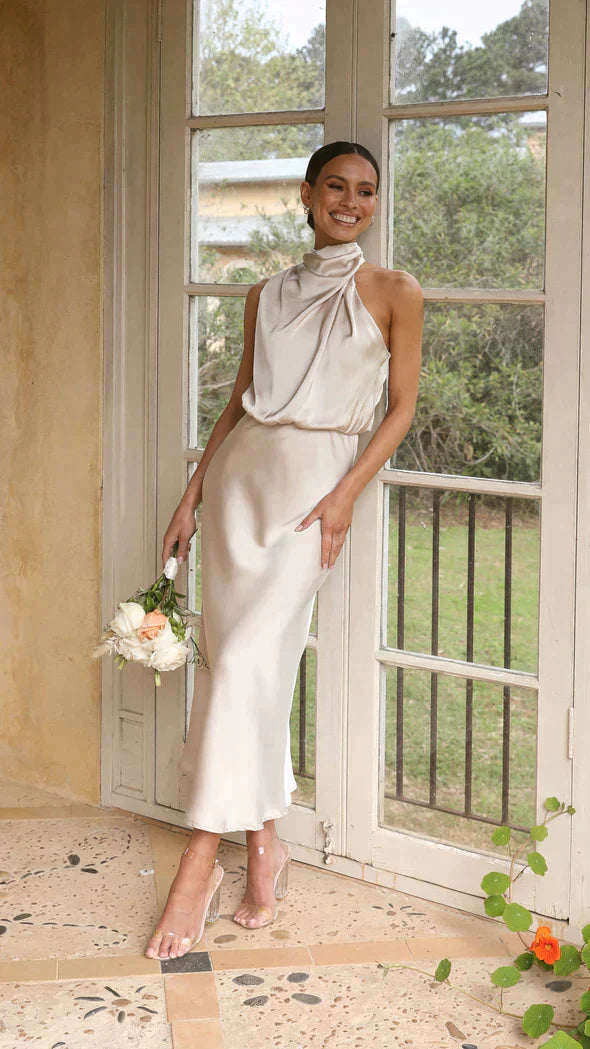 Women's Halter Midi Dress - Fluid Silhouette