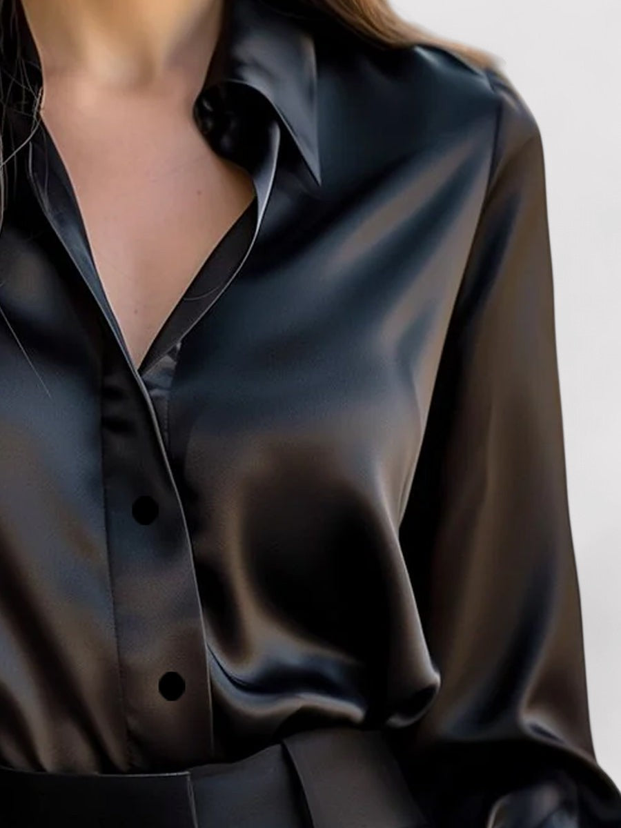 Women's Satin Long Sleeve Blouse - Casual Everyday Wear