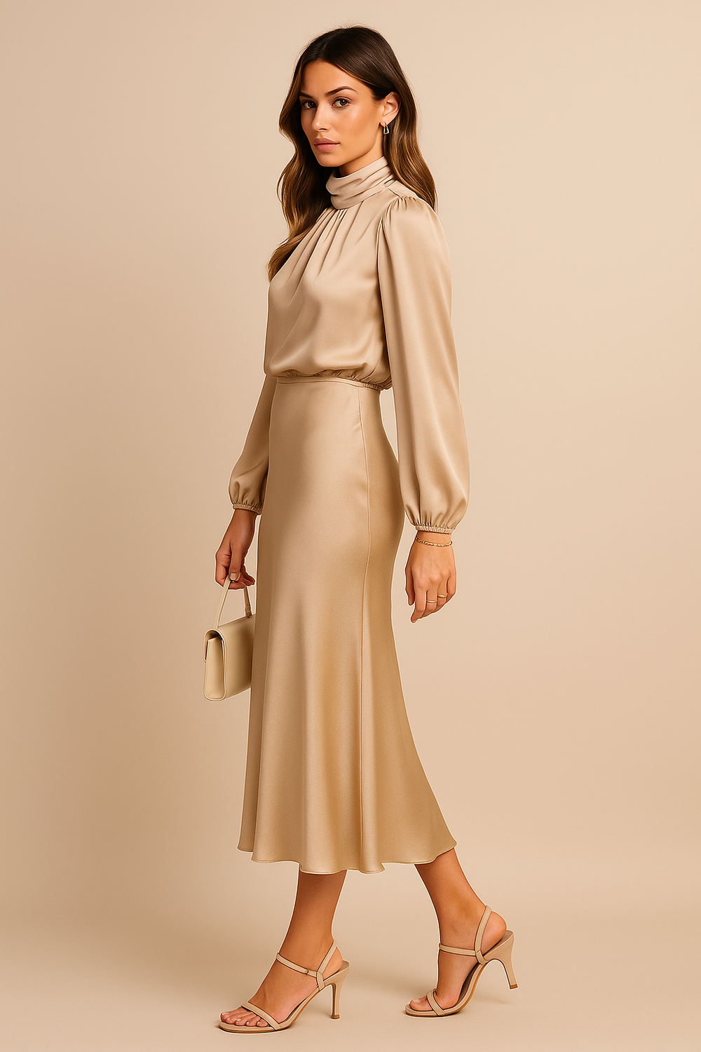 Women's High Neck Midi Dress - Elegant Summer Occasion