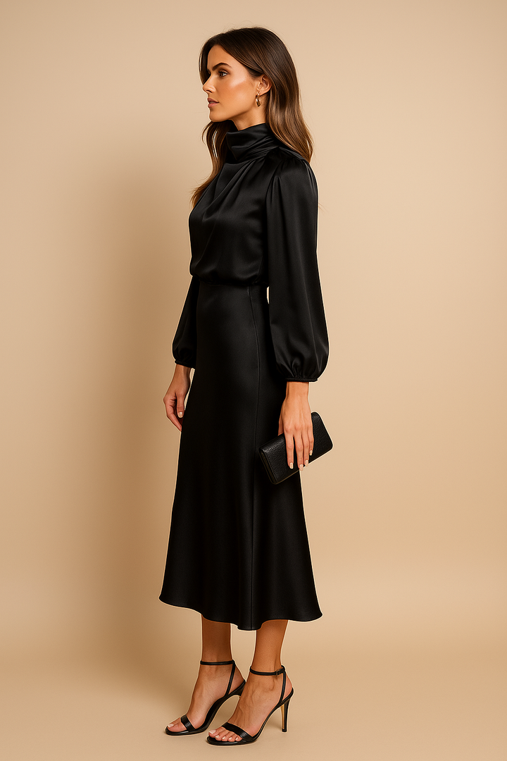 Women's High Neck Midi Dress - Elegant Summer Occasion