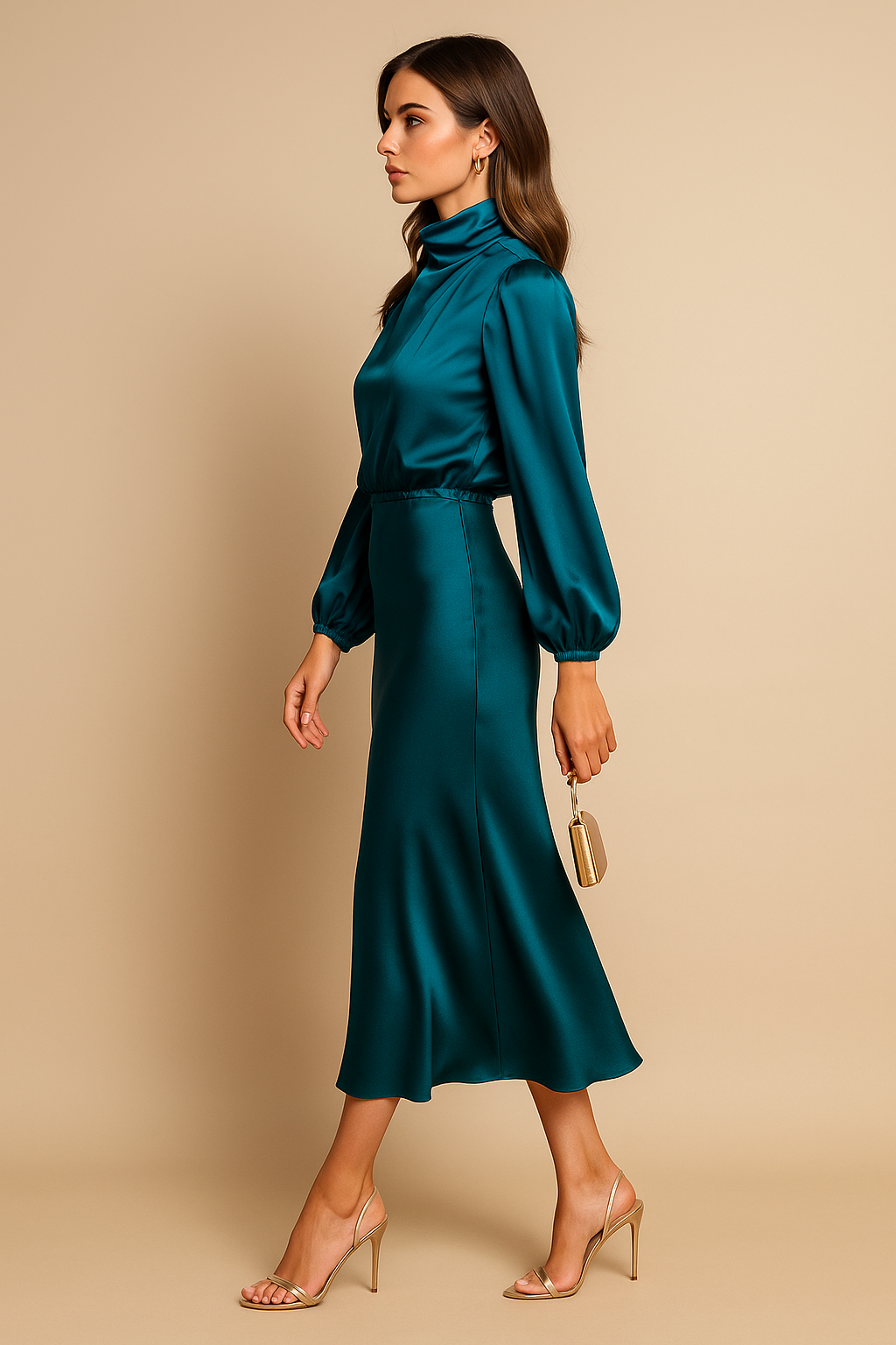 Women's High Neck Midi Dress - Elegant Summer Occasion