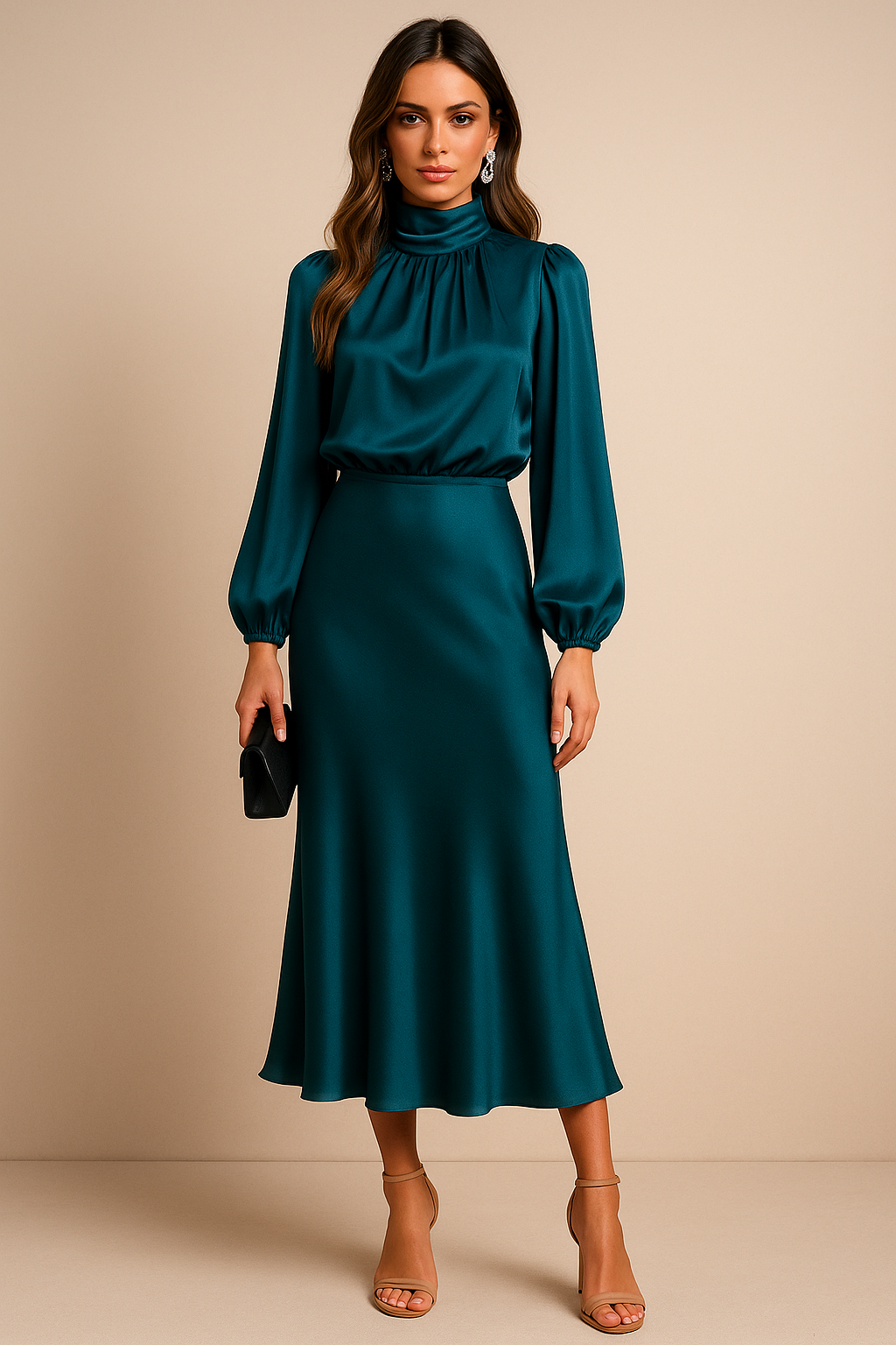 Women's High Neck Midi Dress - Elegant Summer Occasion