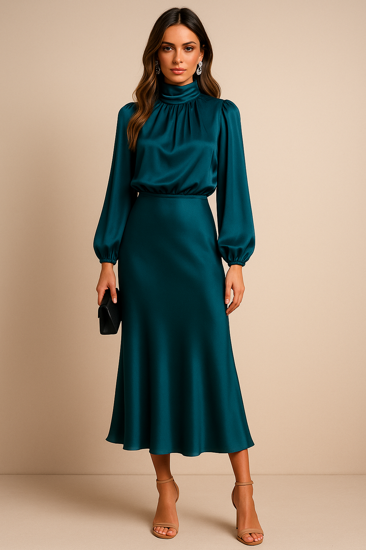 Women's High Neck Midi Dress - Elegant Summer Occasion