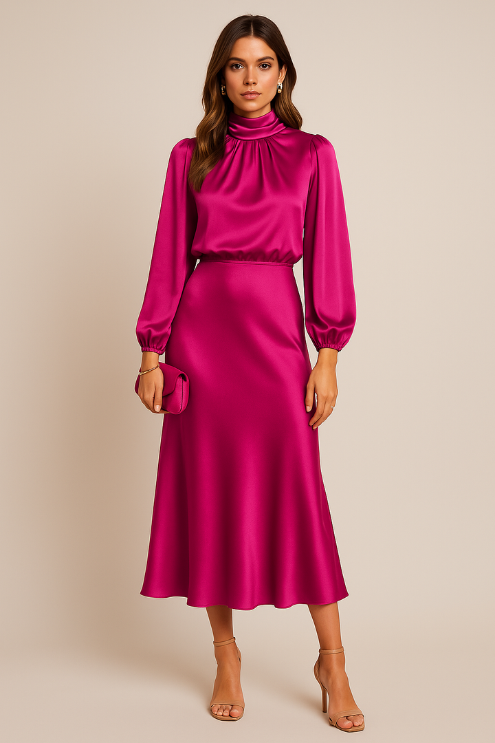 Women's High Neck Midi Dress - Elegant Summer Occasion