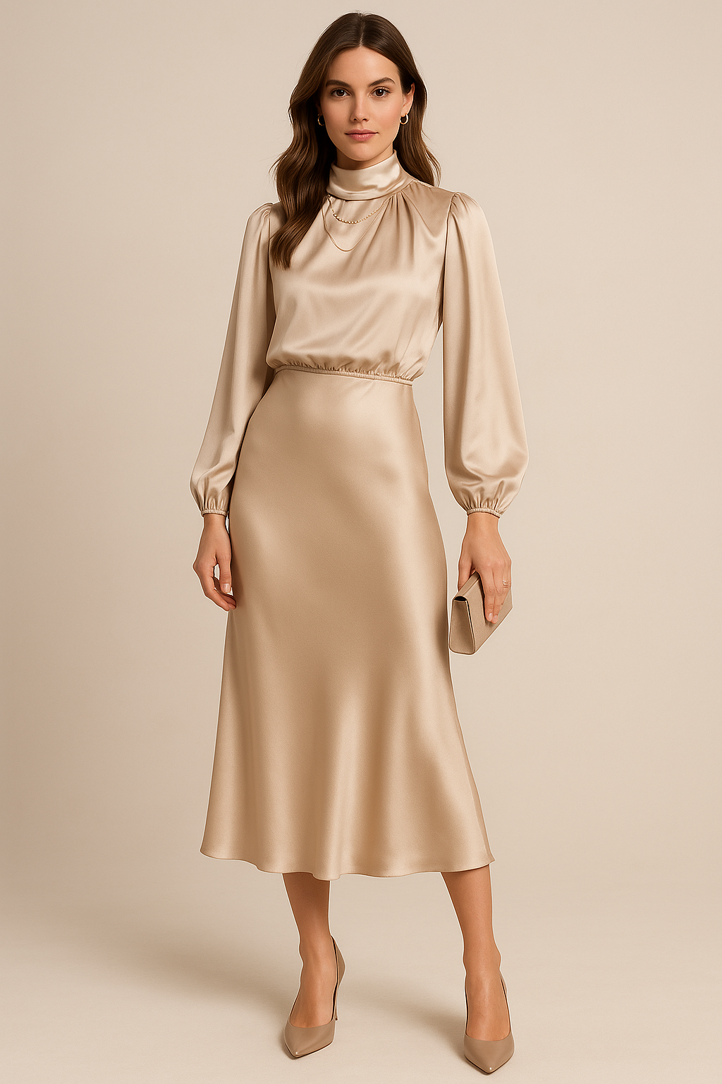 Women's High Neck Midi Dress - Elegant Summer Occasion
