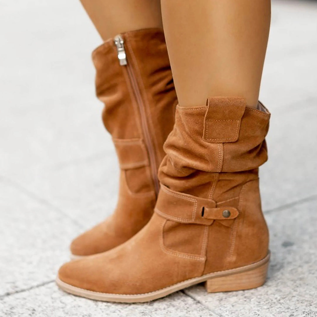 Women's Slouch Boots with Buckle Strap - Fall Casual