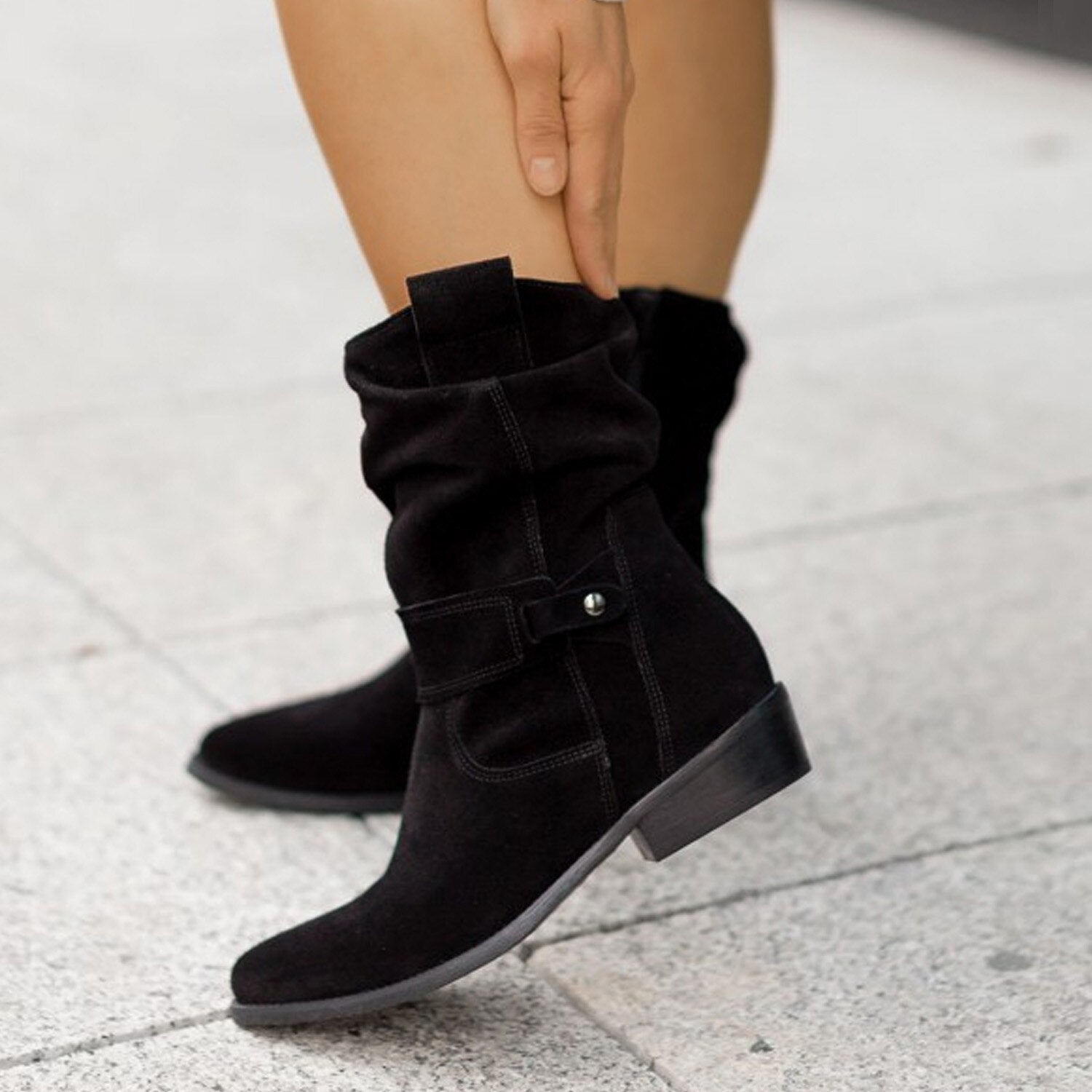 Women's Slouch Boots with Buckle Strap - Fall Casual