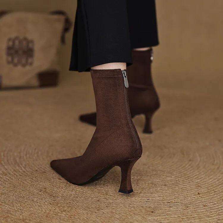 Women's Faux Leather Ankle Boots - Stretch Fit Mid Heel